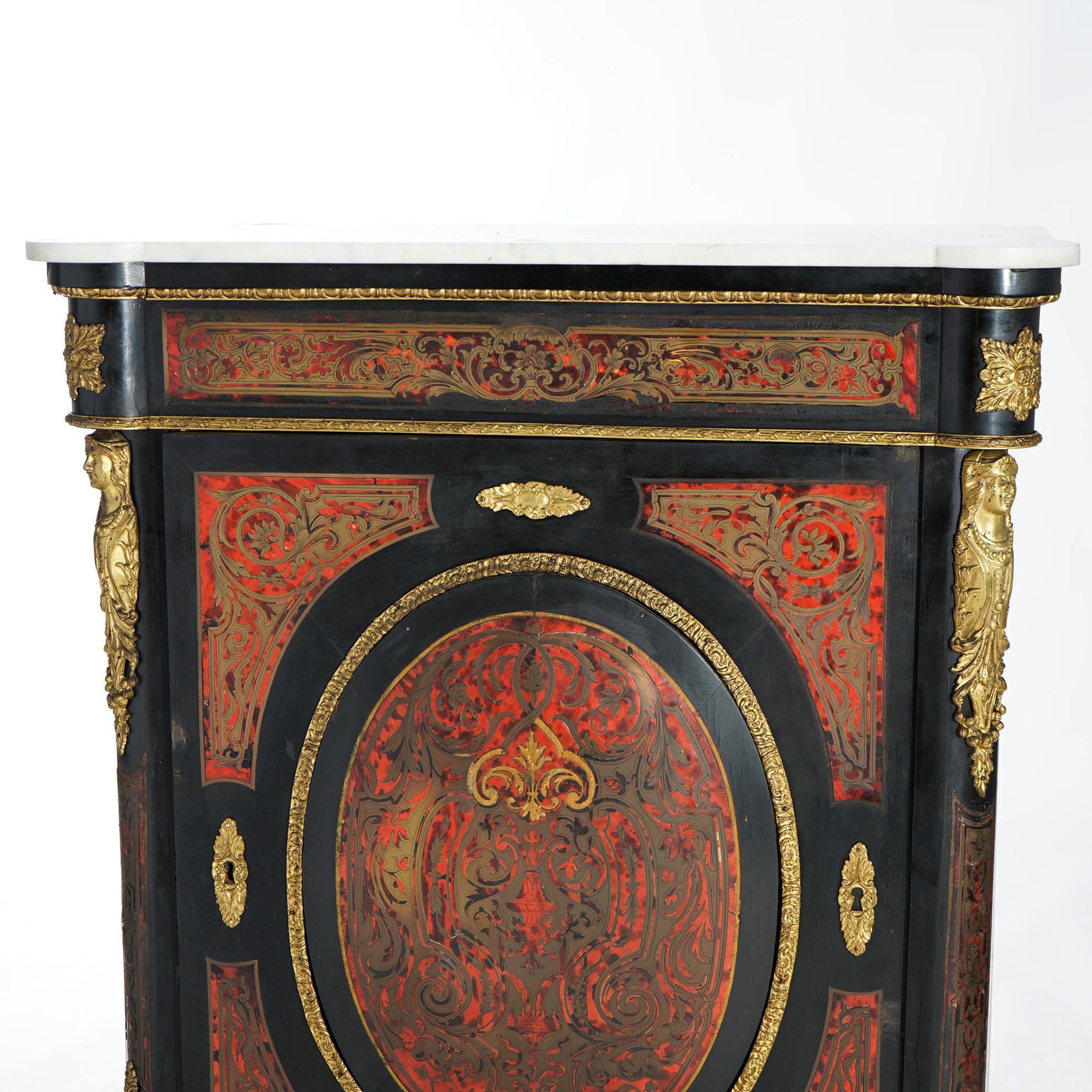 Antique French Boulle Ebonized Marble Top Credenza with Figural Ormolu, 19th C 8