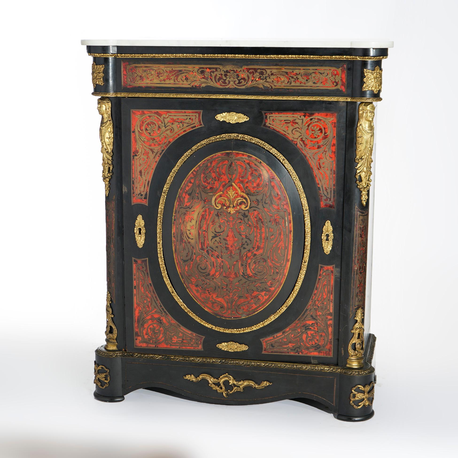 An antique French Empire credenza offers marble top over ebonized cabinet having Boulle decoration throughout, single door opening to shelved interior and ormolu mounts to include figural female caryatids, 19th century

Measures- 41''H x 33.25''W