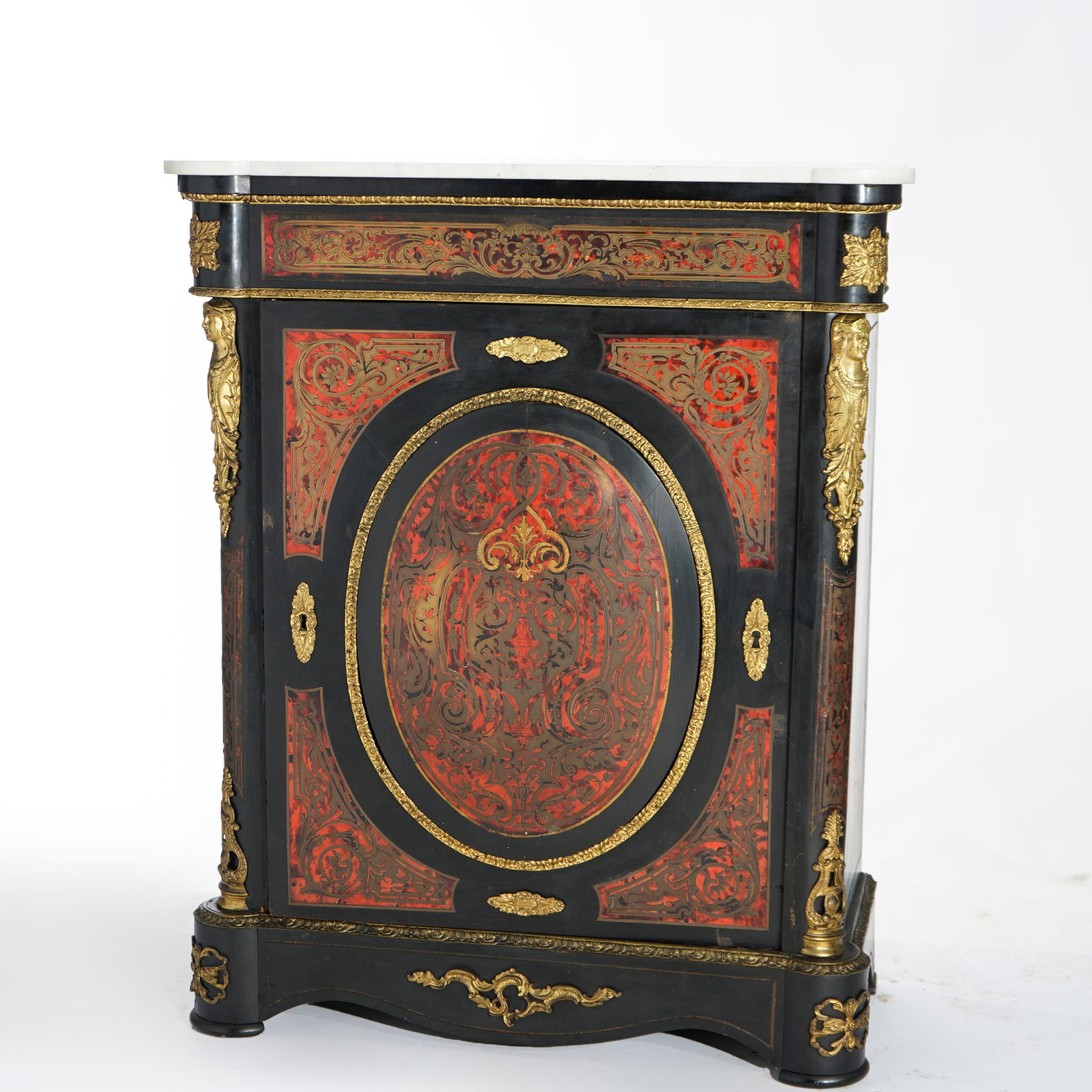 Antique French Boulle Ebonized Marble Top Credenza with Figural Ormolu, 19th C In Good Condition In Big Flats, NY