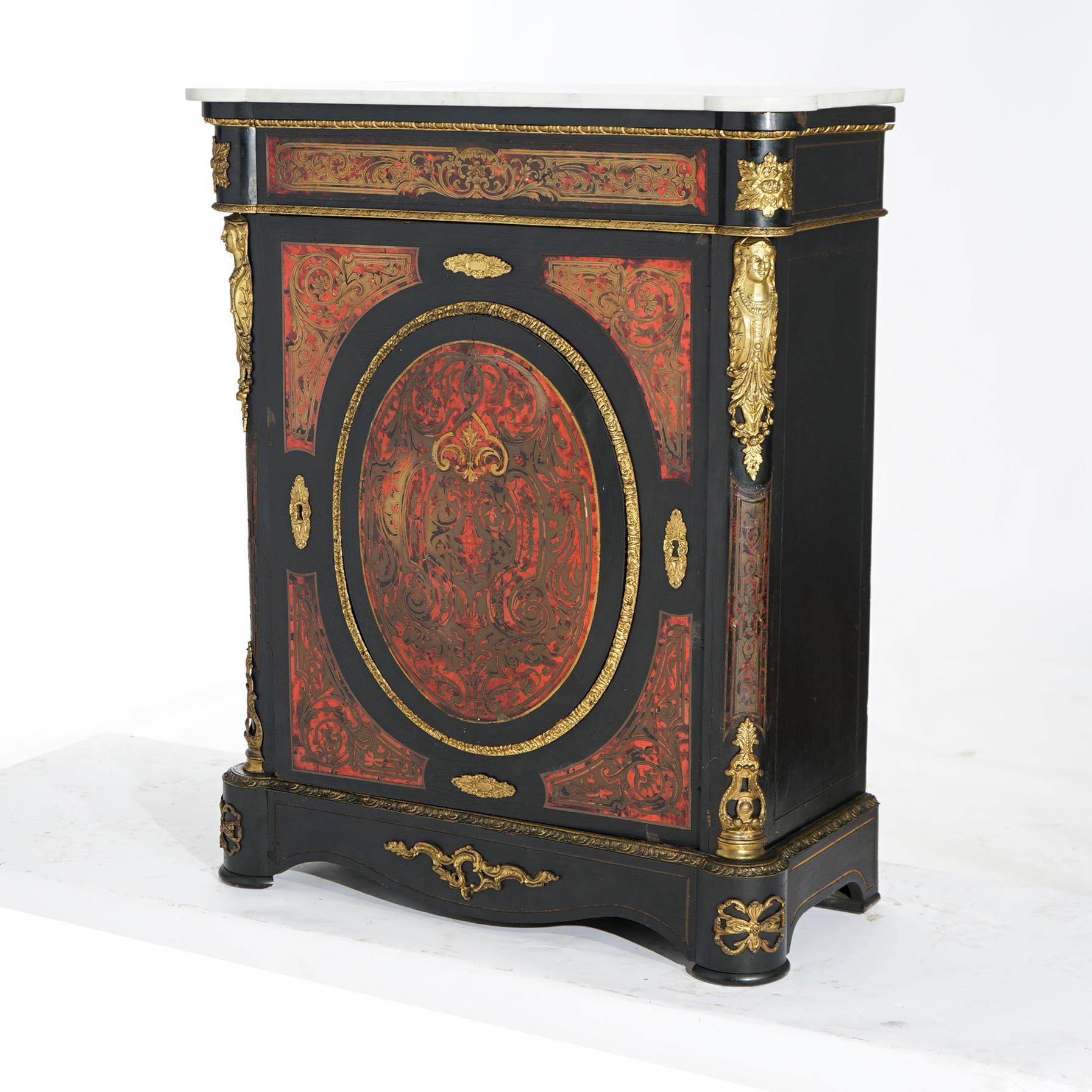 19th Century Antique French Boulle Ebonized Marble Top Credenza with Figural Ormolu, 19th C