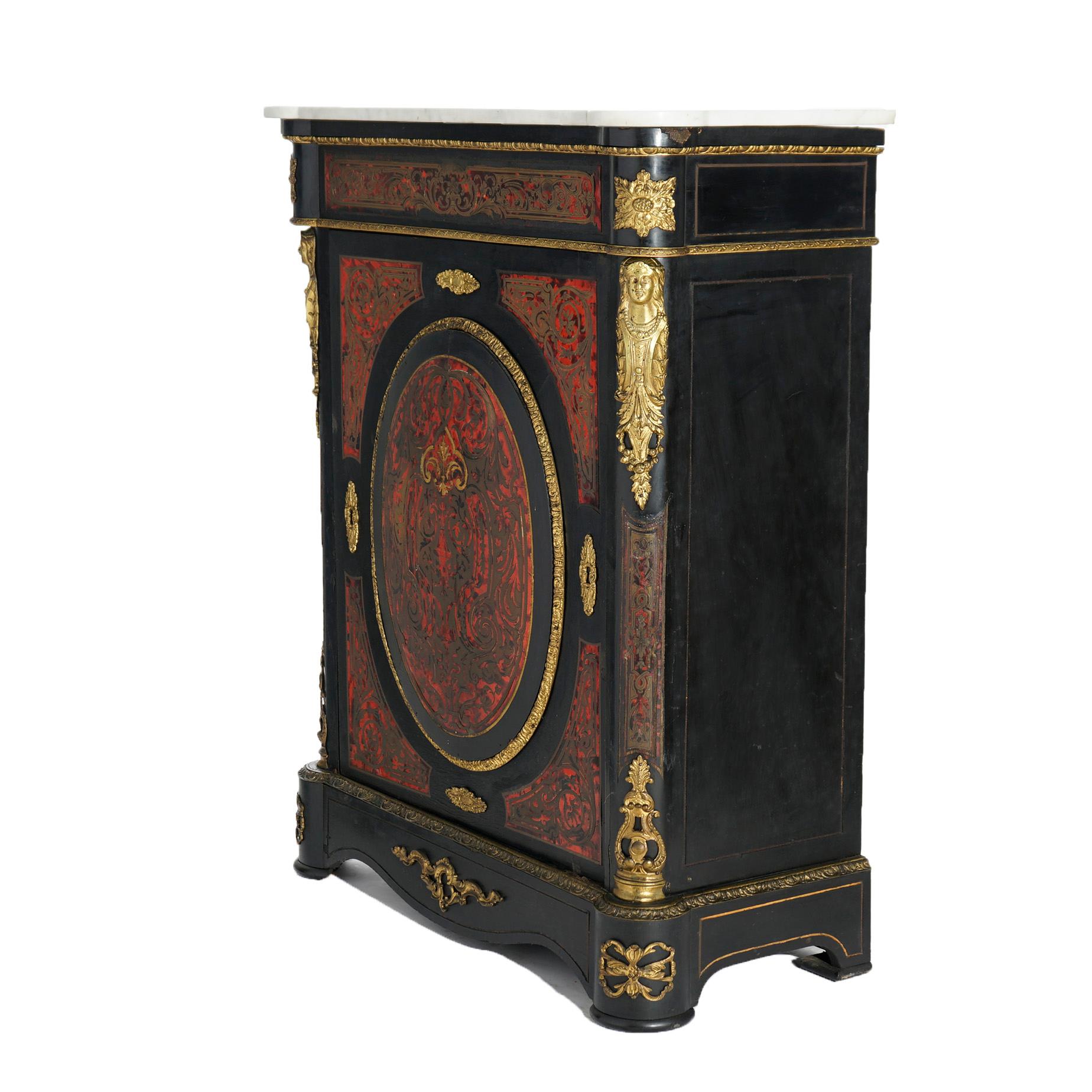 Antique French Boulle Ebonized Marble Top Credenza with Figural Ormolu, 19th C 2