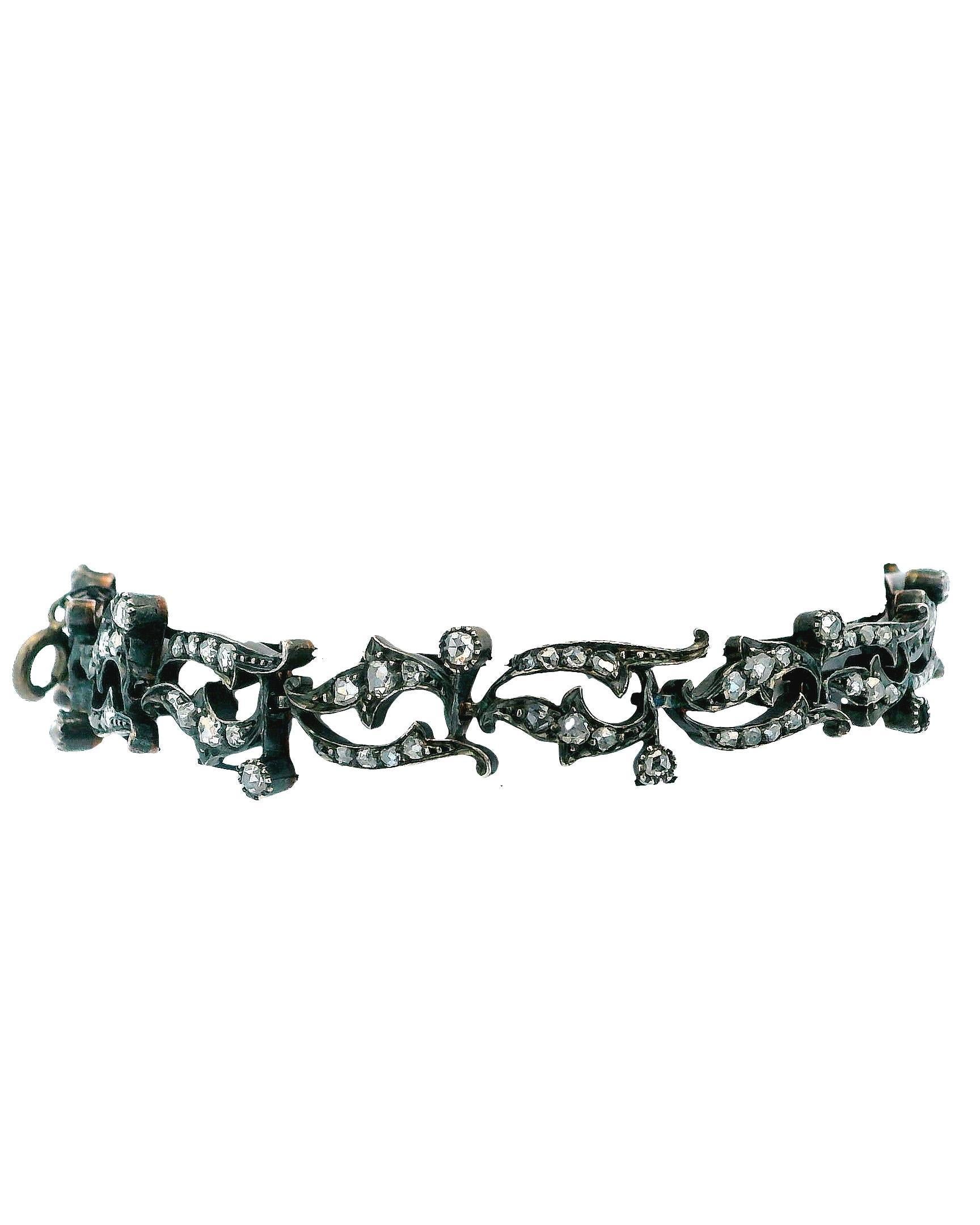 Antique French Armband 18K Rose Gold & Silber W/Diamant Link im Zustand „Gut“ im Angebot in Great Neck Plaza, NY