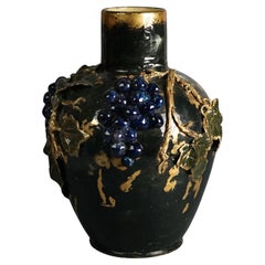 Antique French Bradwell Barbotine School Grape & Leaf Pottery Vase c1890