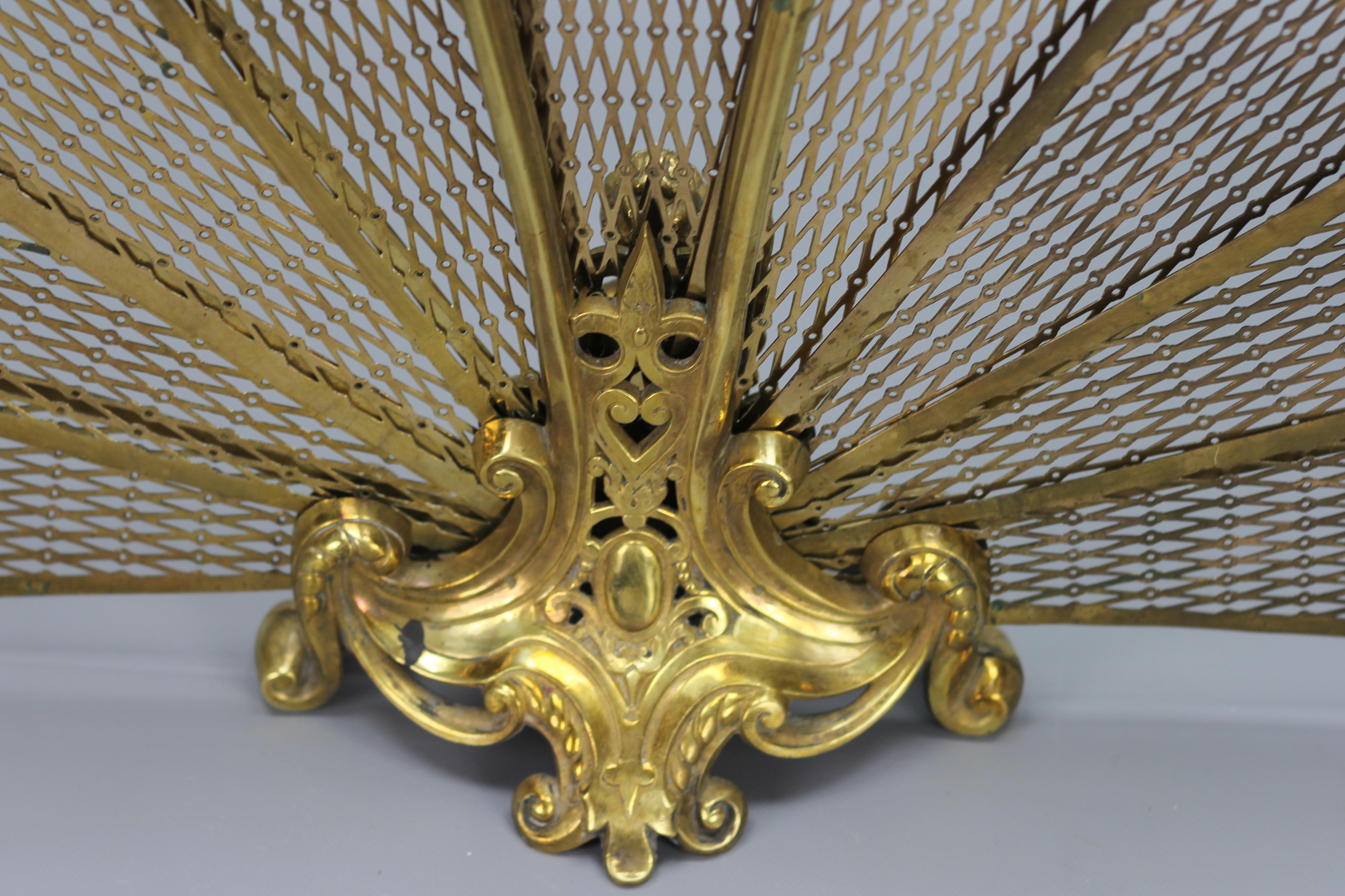 Antique French Brass and Bronze Foldable Peacock Fan Fireplace Screen 3