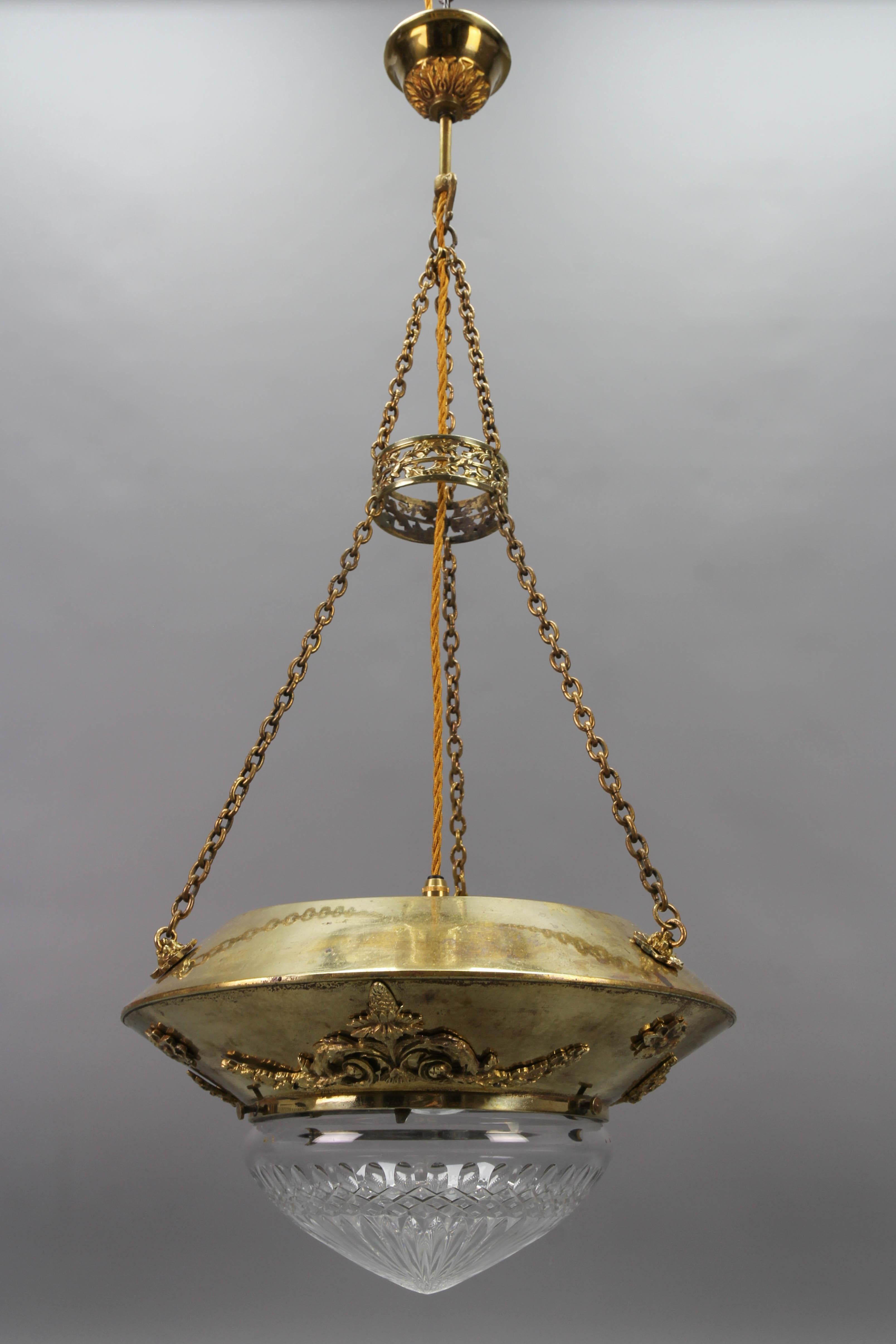 Antique French Brass and Bronze Pendant Light with Cut Glass Lampshade, ca. 1900 For Sale 6