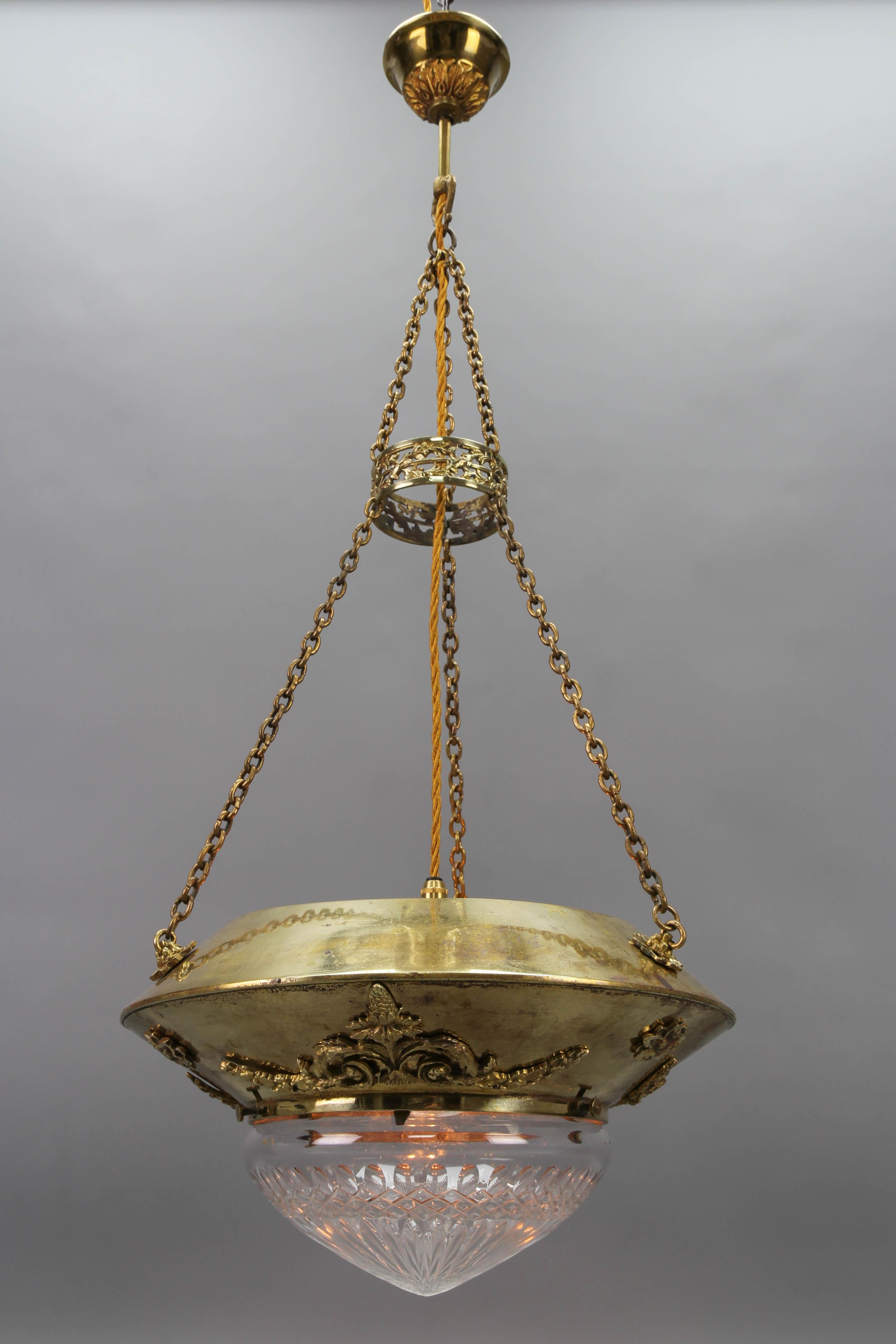 Antique French Brass and Bronze Pendant Light with Cut Glass Lampshade, ca. 1900 For Sale 7