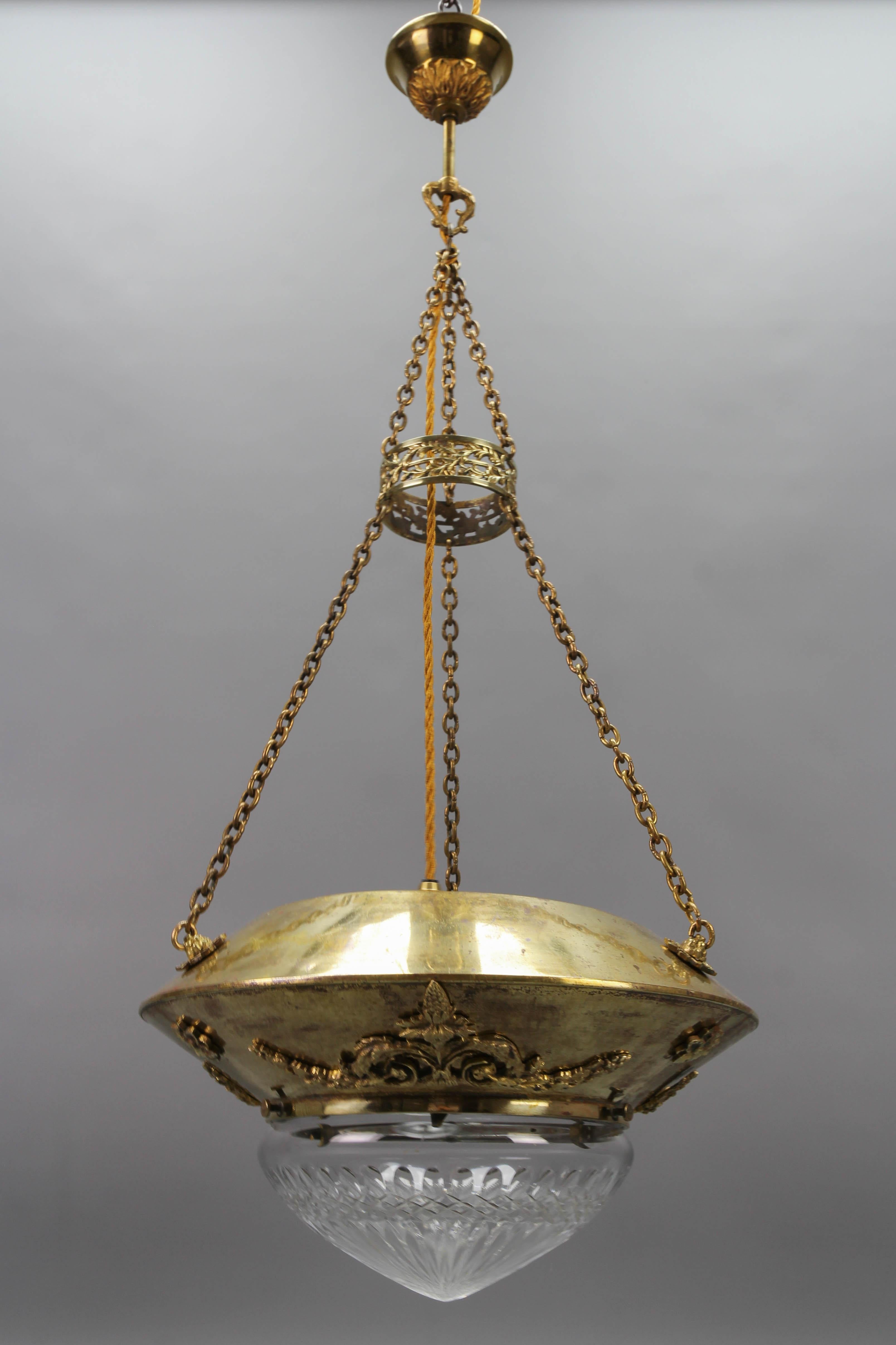 Antique French Brass and Bronze Pendant Light with Cut Glass Lampshade, ca. 1900 For Sale 10