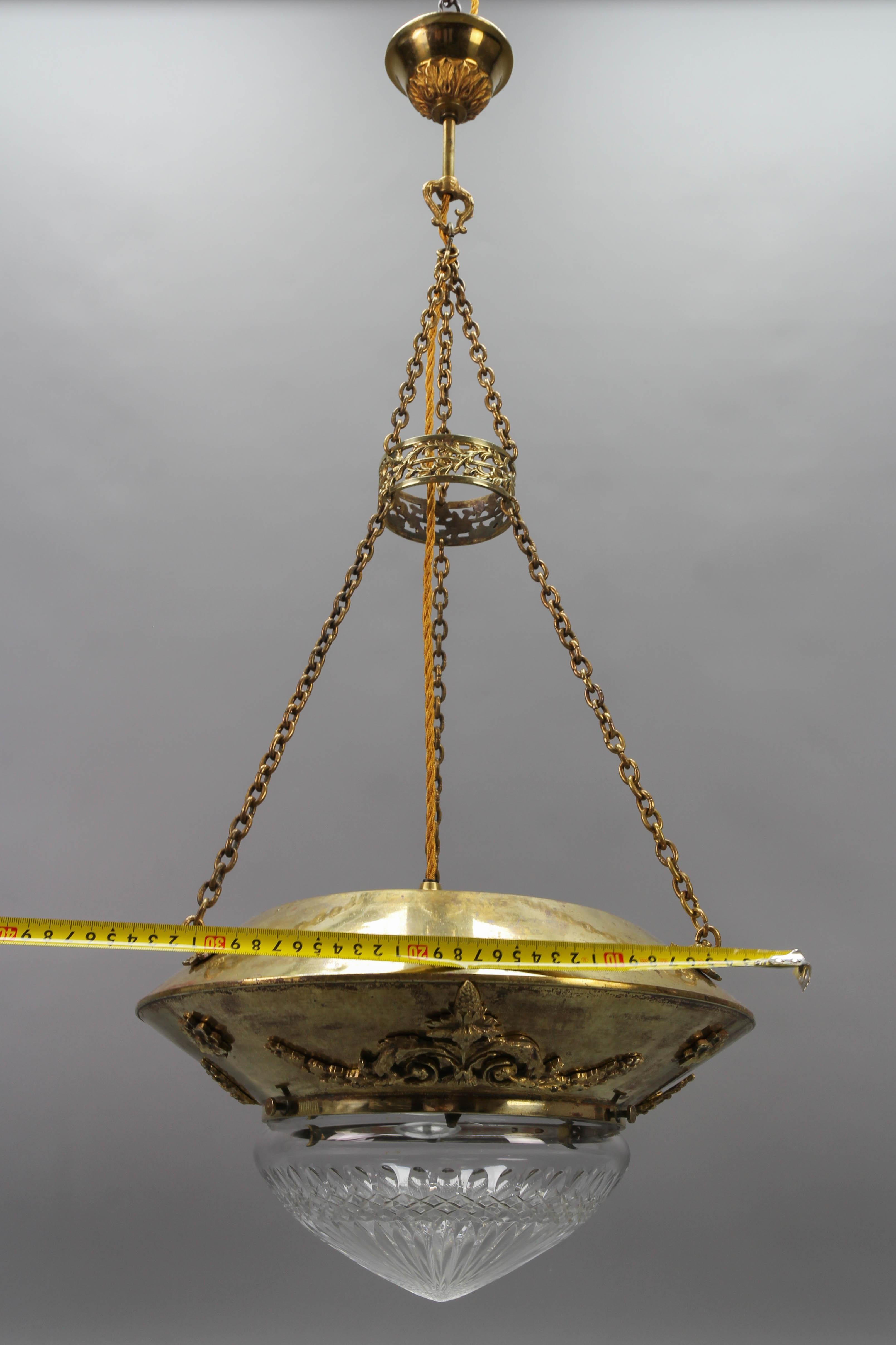 Antique French Brass and Bronze Pendant Light with Cut Glass Lampshade, ca. 1900 For Sale 11