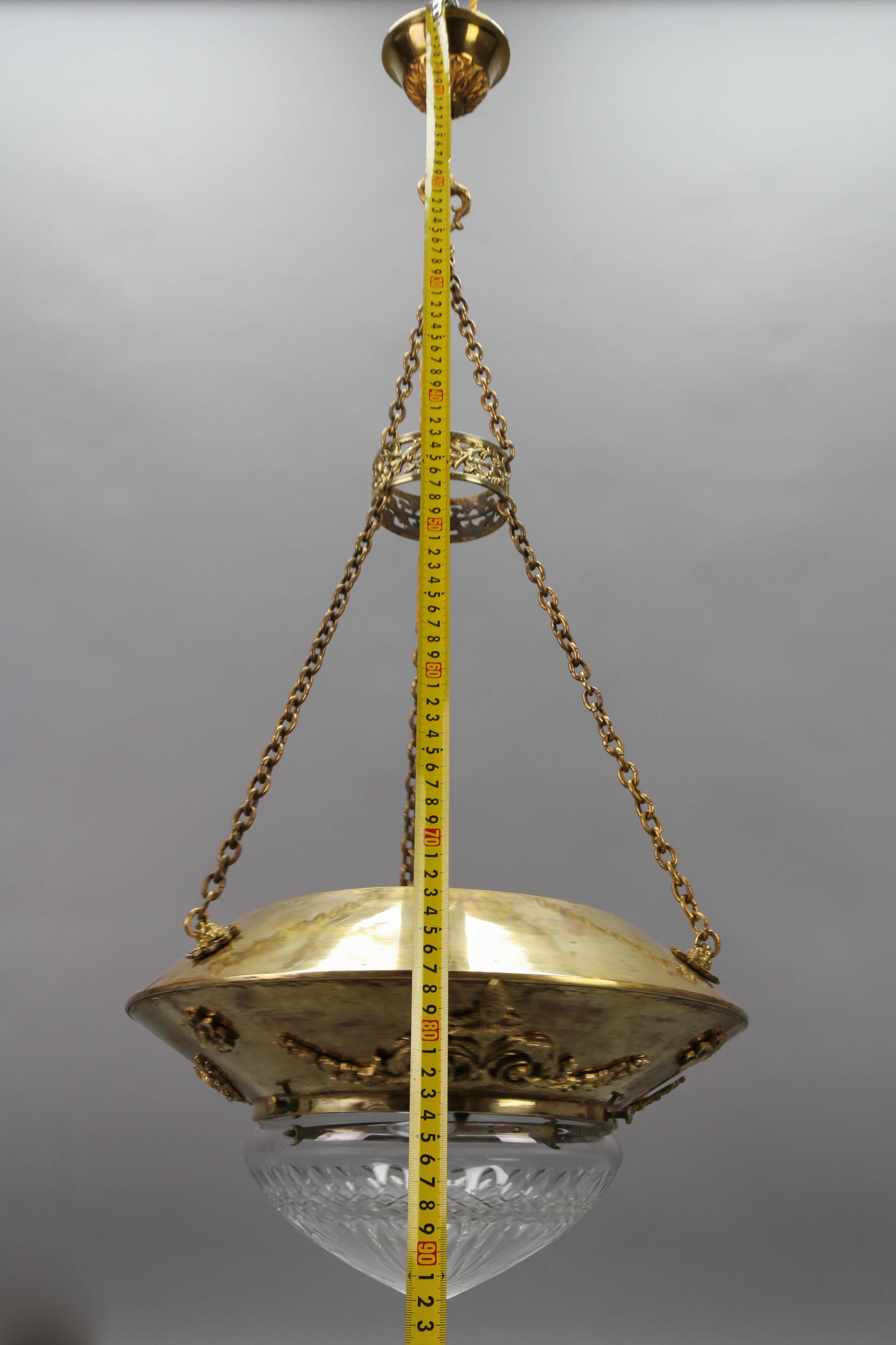 Antique French Brass and Bronze Pendant Light with Cut Glass Lampshade, ca. 1900 For Sale 12