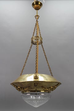 Antique French Brass and Bronze Pendant Light with Cut Glass Lampshade, ca. 1900