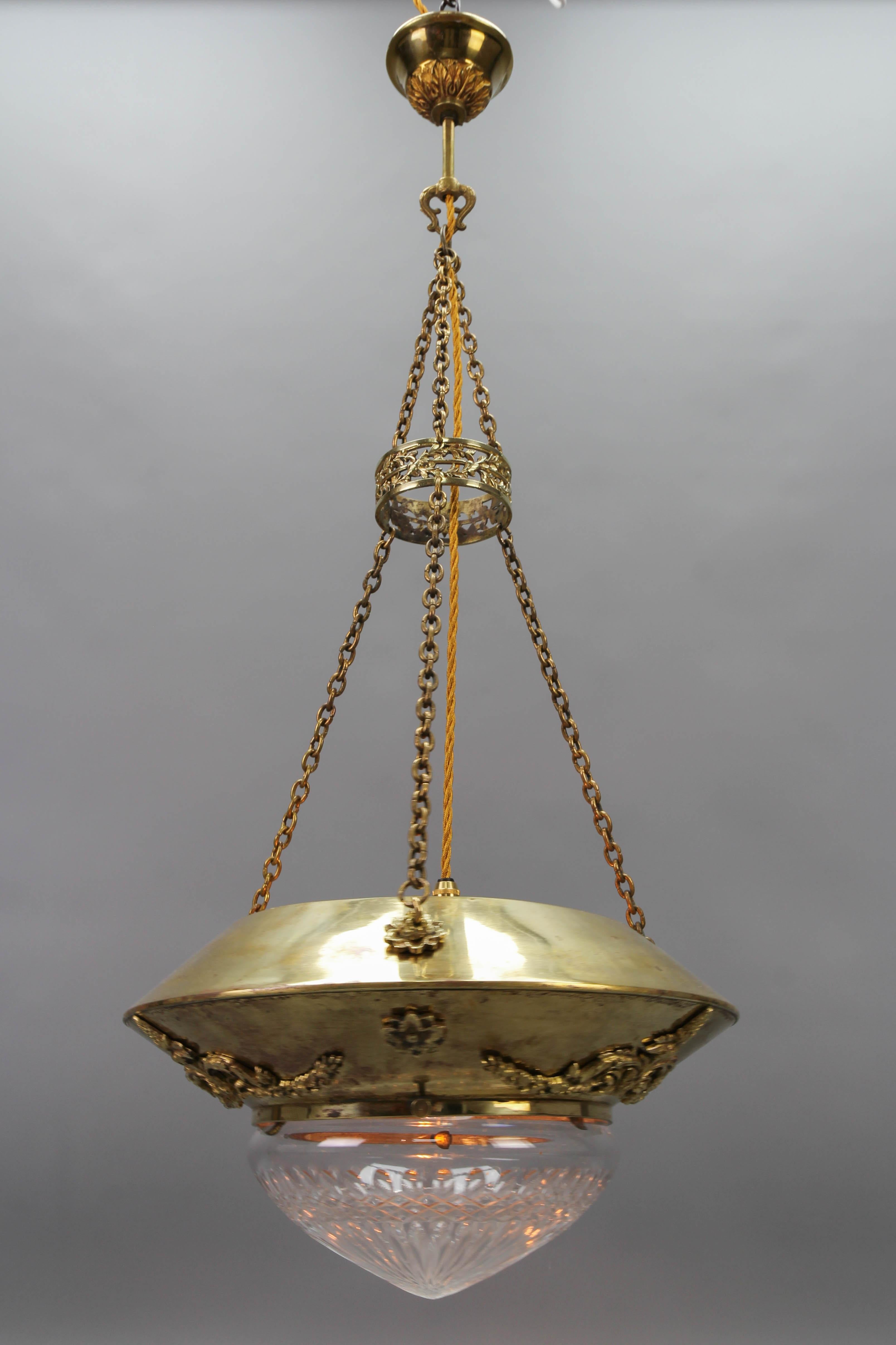 Neoclassical Antique French Brass and Bronze Pendant Light with Cut Glass Lampshade, ca. 1900 For Sale