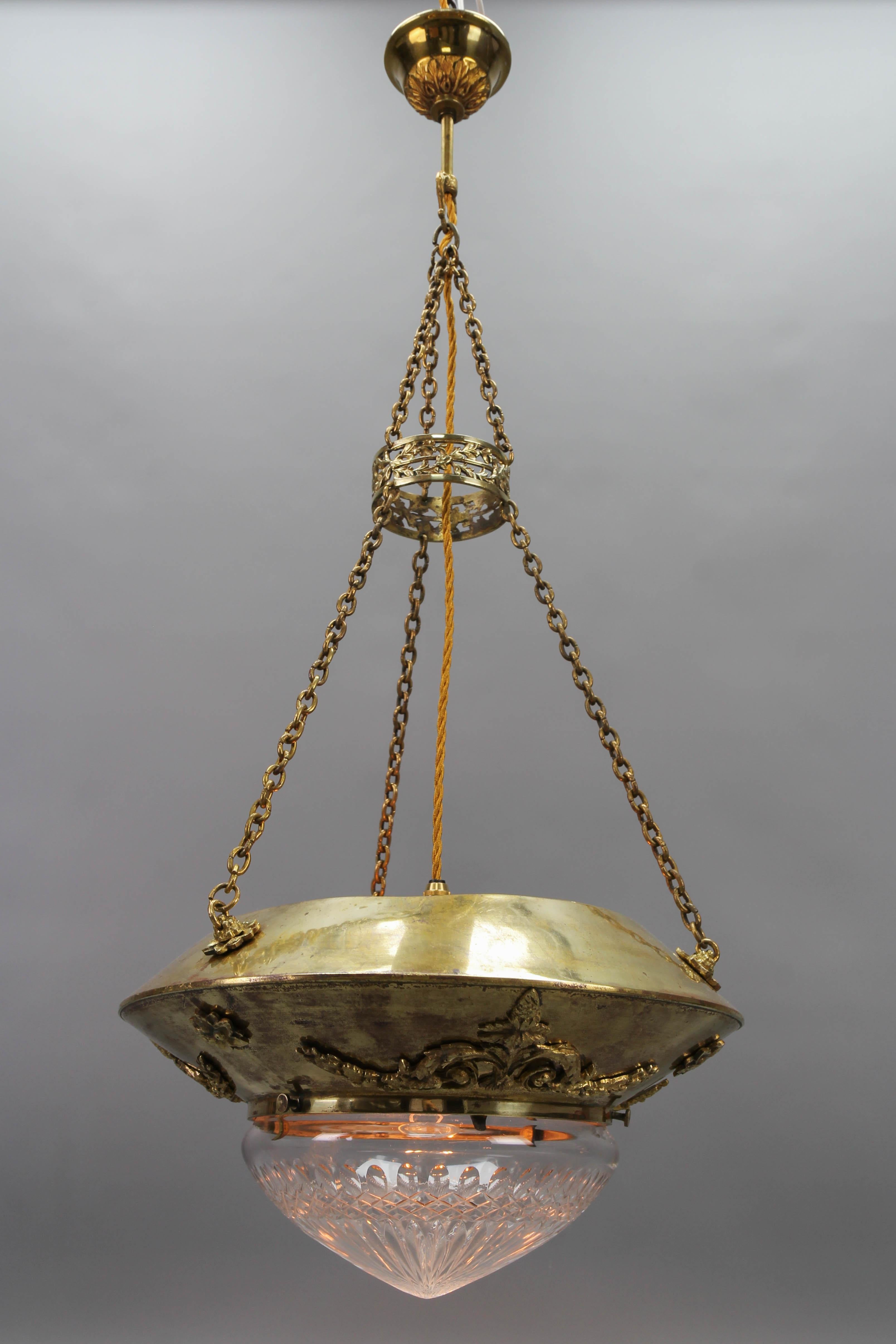 Antique French Brass and Bronze Pendant Light with Cut Glass Lampshade, ca. 1900 In Good Condition For Sale In Barntrup, DE