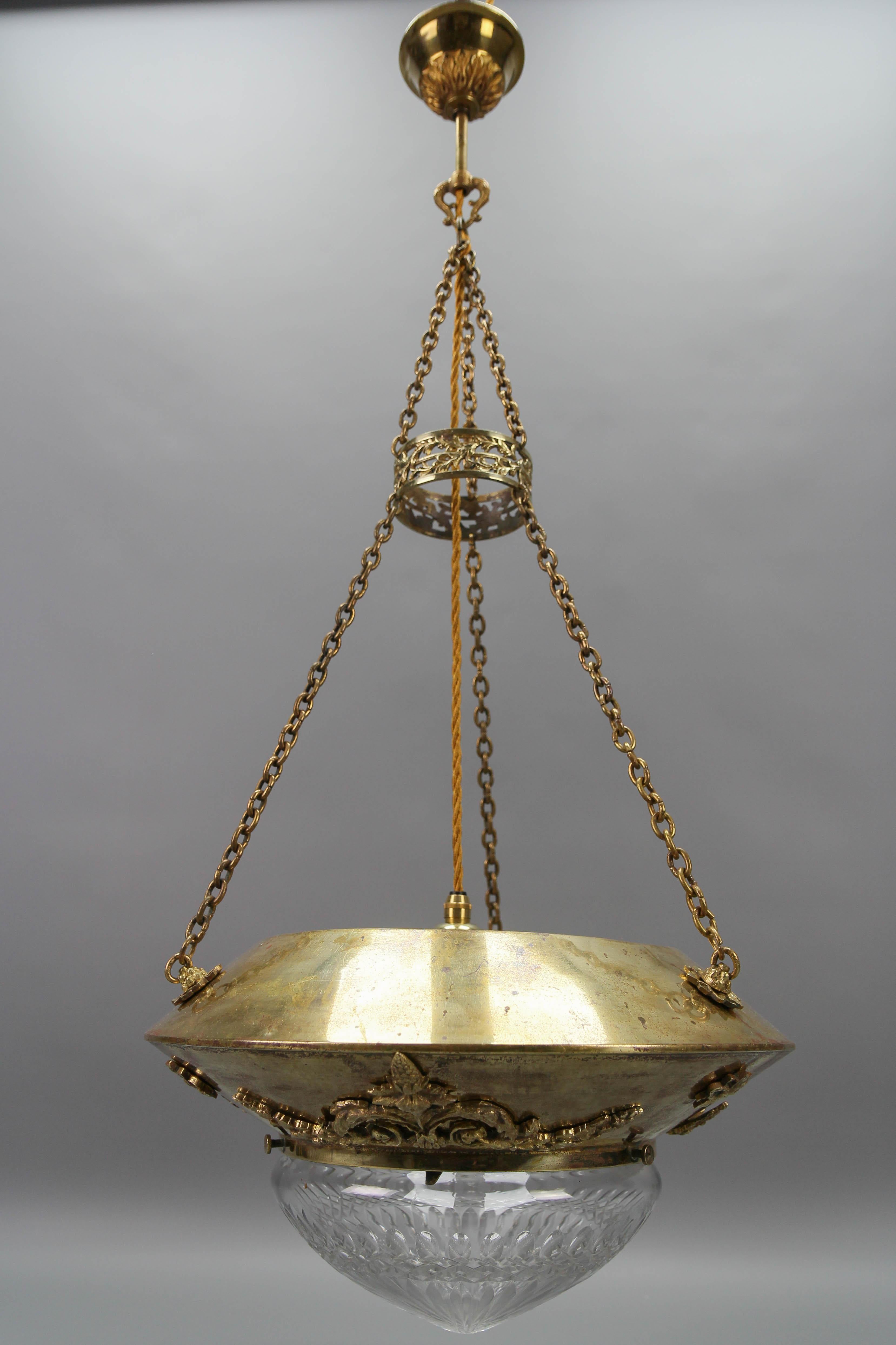 Early 20th Century Antique French Brass and Bronze Pendant Light with Cut Glass Lampshade, ca. 1900 For Sale