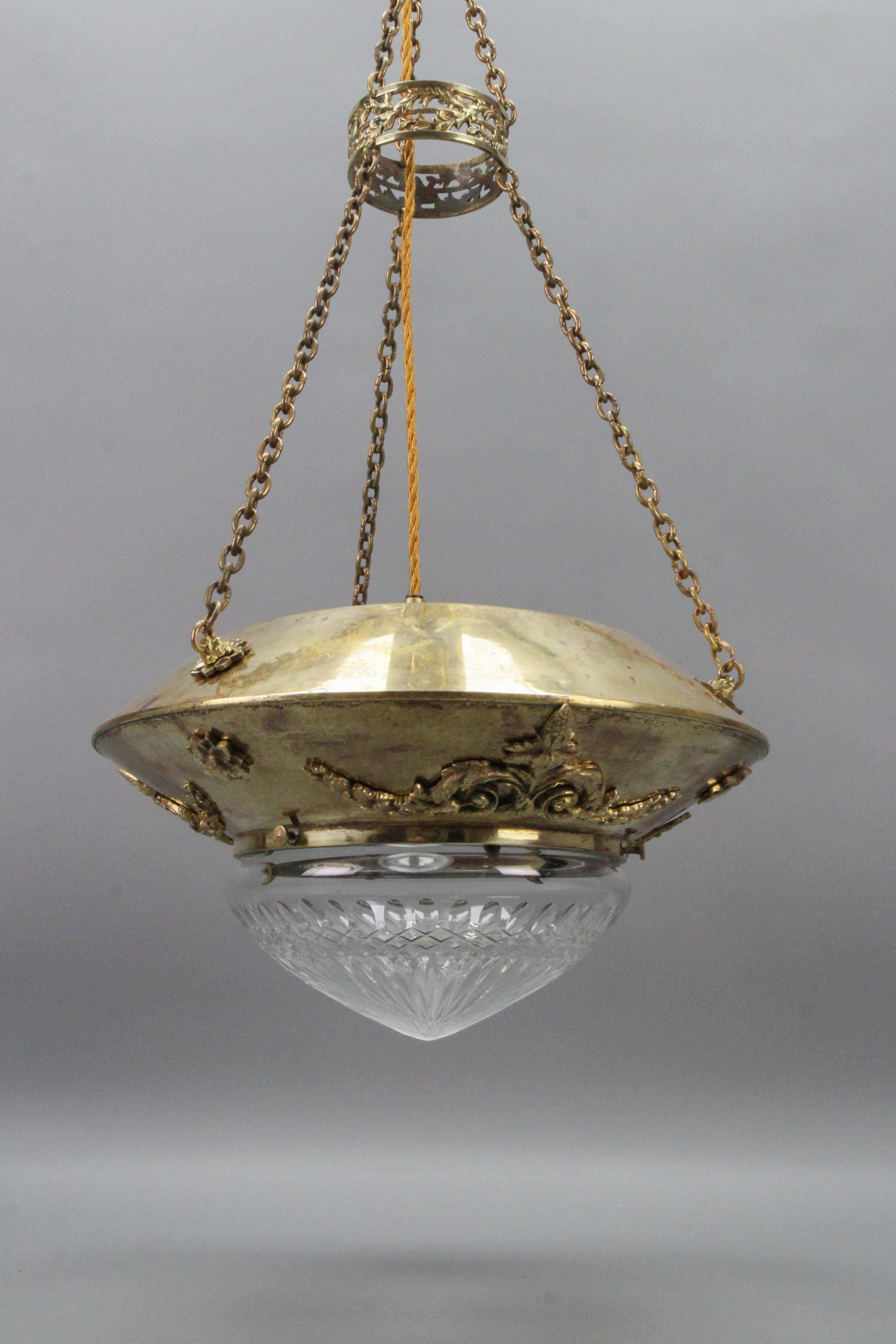 Antique French Brass and Bronze Pendant Light with Cut Glass Lampshade, ca. 1900 For Sale 1