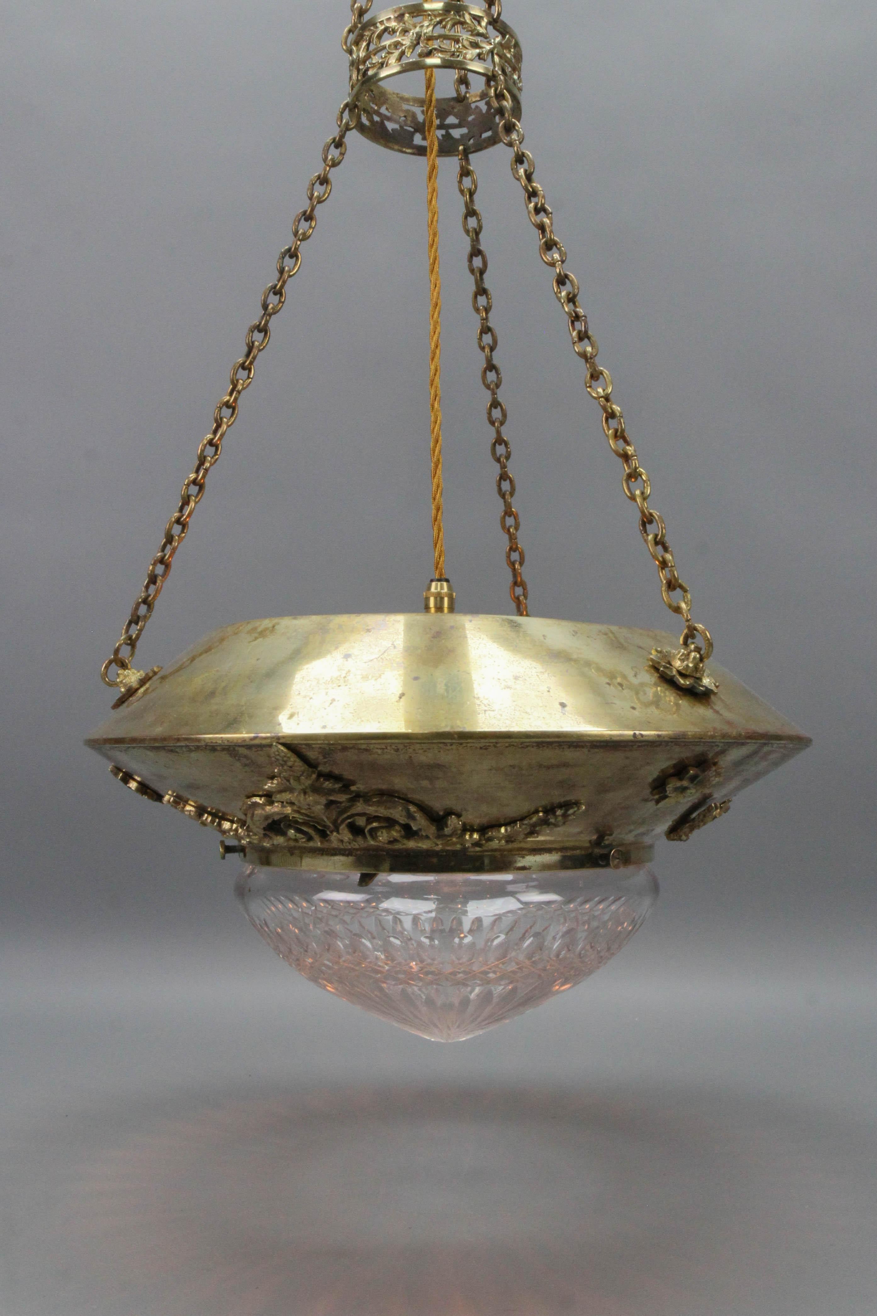 Antique French Brass and Bronze Pendant Light with Cut Glass Lampshade, ca. 1900 For Sale 2