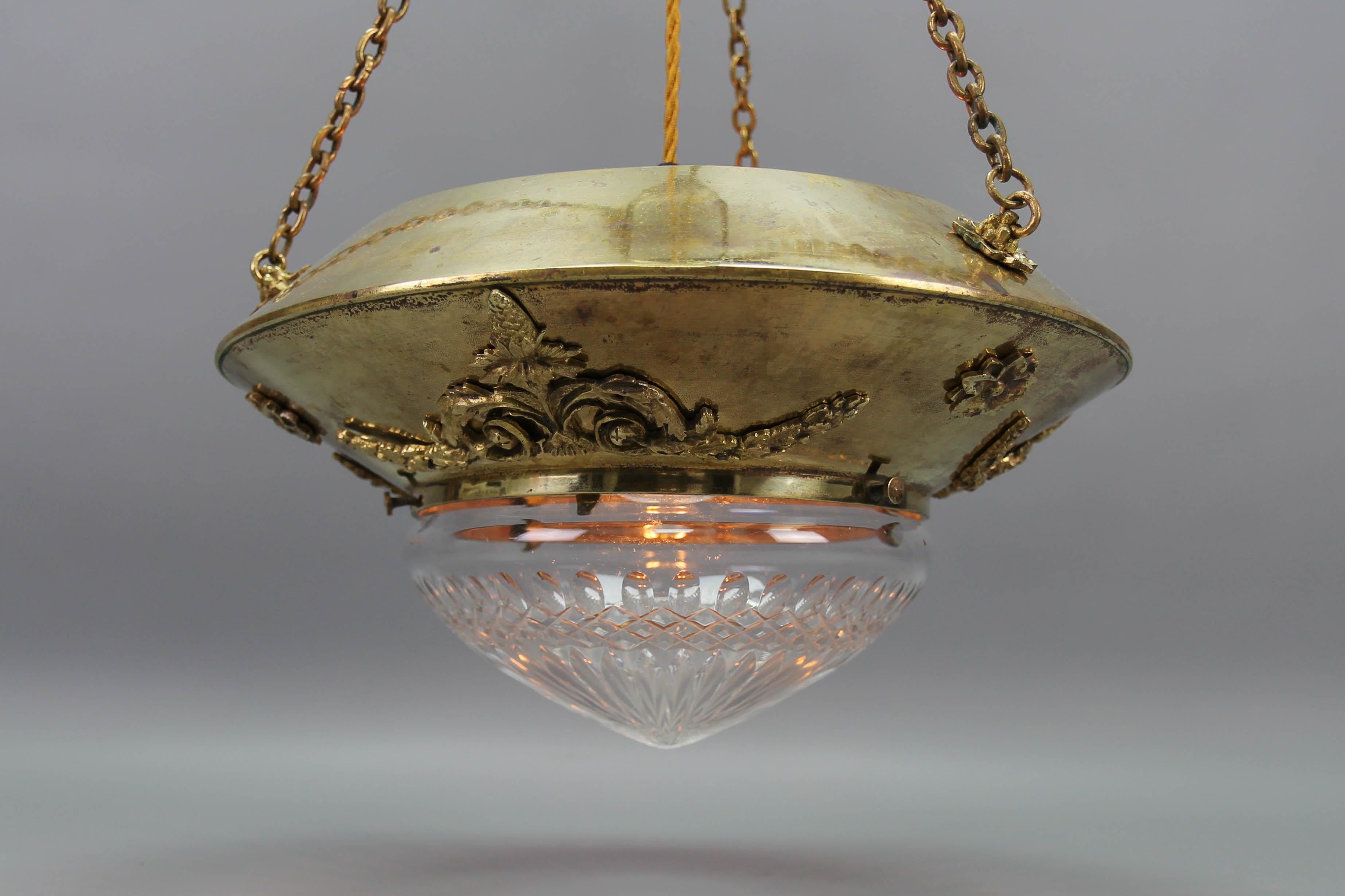 Antique French Brass and Bronze Pendant Light with Cut Glass Lampshade, ca. 1900 For Sale 3