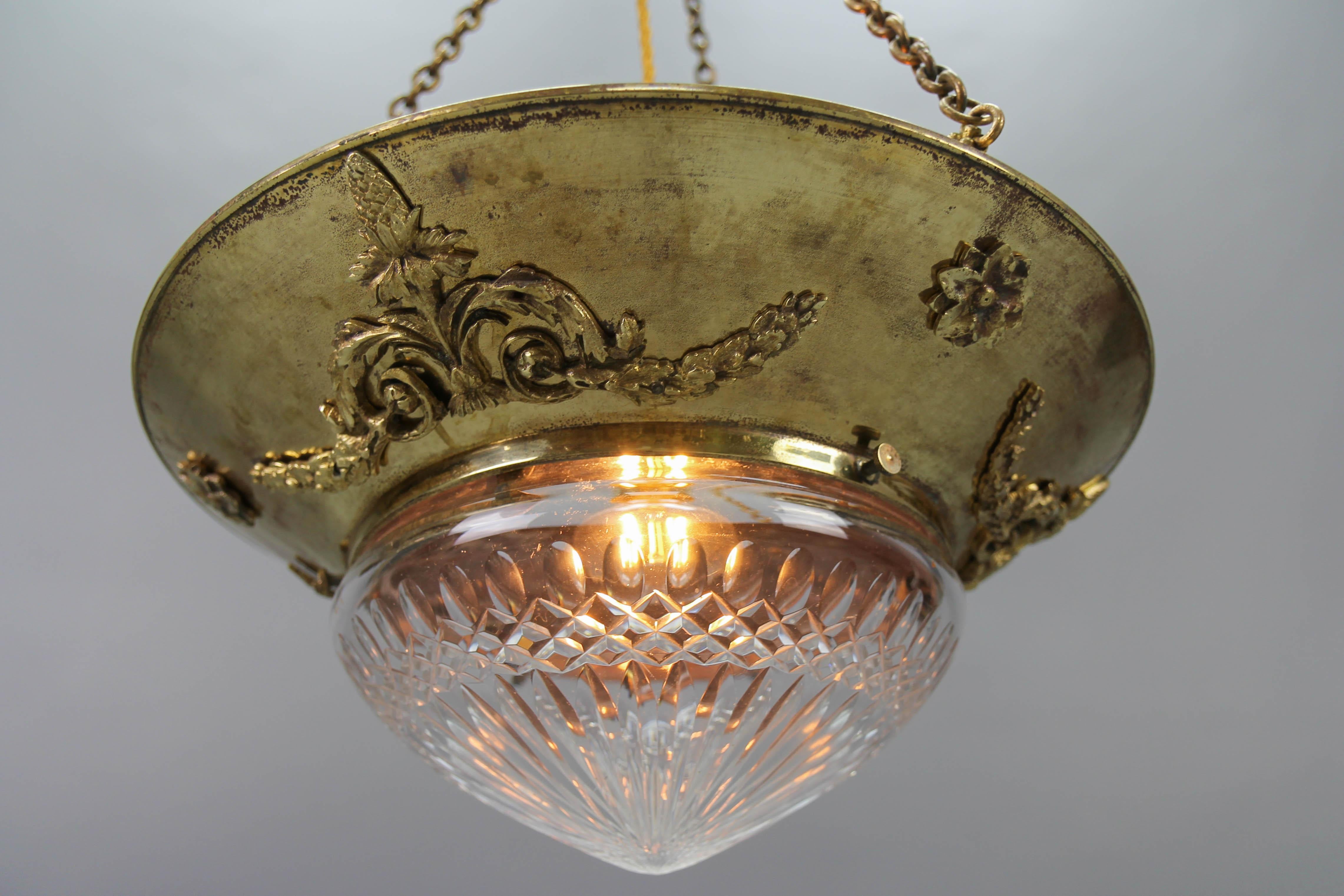 Antique French Brass and Bronze Pendant Light with Cut Glass Lampshade, ca. 1900 For Sale 4