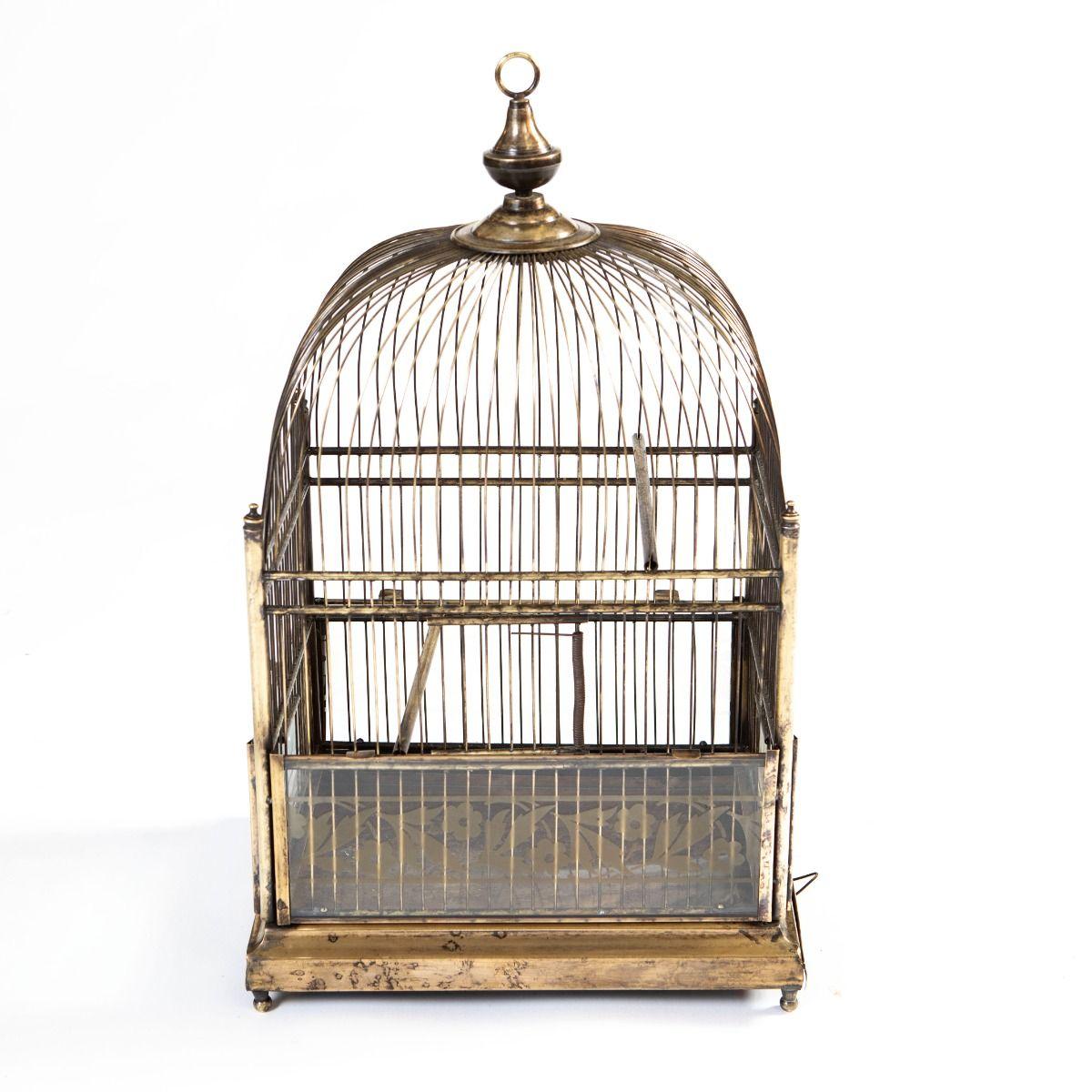 Cage à oiseaux décorative française en laiton et verre, fabriquée en haute qualité vers 1880-1920.
La construction est en laiton patiné avec un sommet arqué et un fleuron décoratif avec un anneau de suspension. La partie inférieure est encadrée de