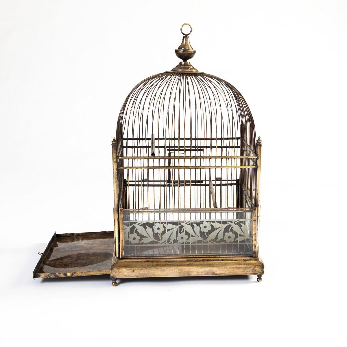 Antique French Birdcage en laiton et verre avec panneaux floraux Bon état - En vente à Kastrup, DK