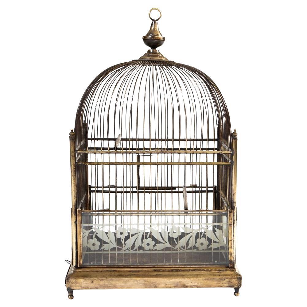 Antique French Birdcage en laiton et verre avec panneaux floraux