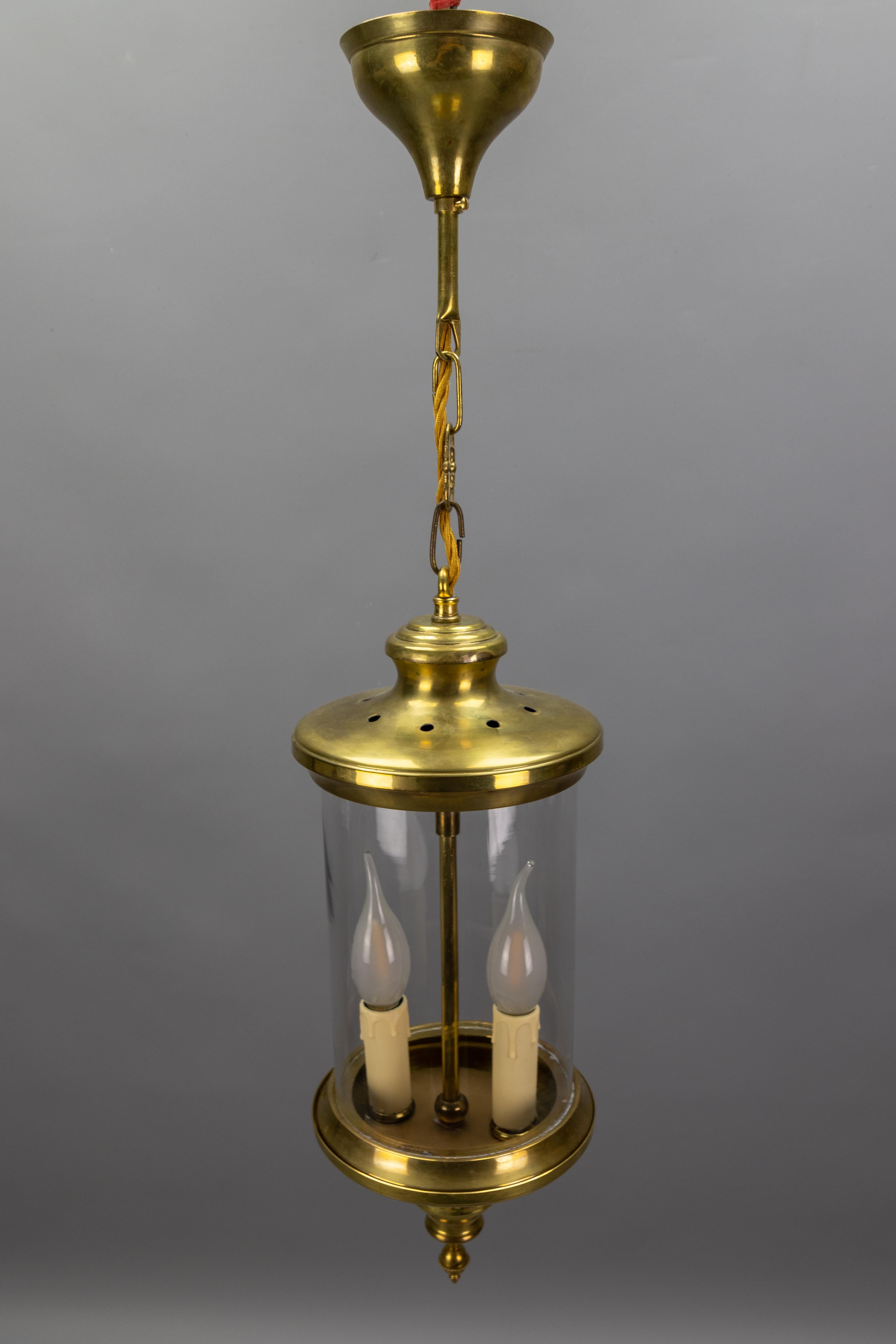 Antiguo farol francés de latón y cristal, colgante de dos luces de estilo Art Nouveau en venta 5