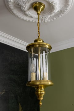 Antique French Brass and Glass Hall Lantern, Art Nouveau Style Two-Light Pendant
