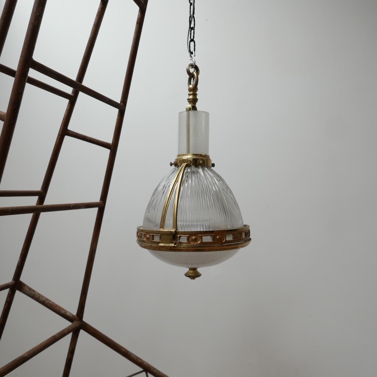 Antique French Brass and Glass Holophane Pendant Light 6