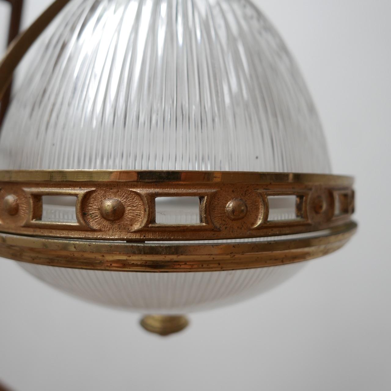 Antique French Brass and Glass Holophane Pendant Light In Good Condition In London, GB