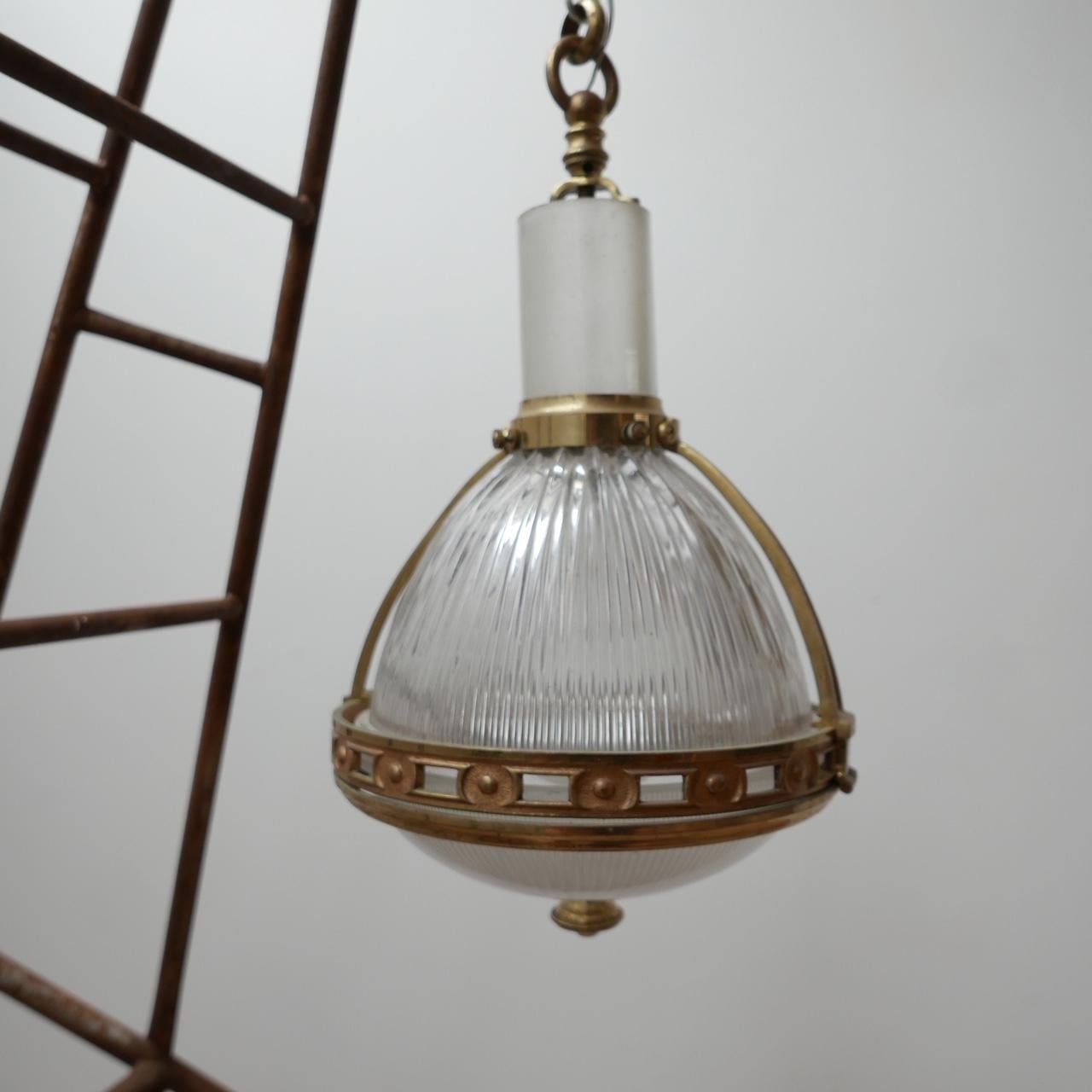 20th Century Antique French Brass and Glass Holophane Pendant Light