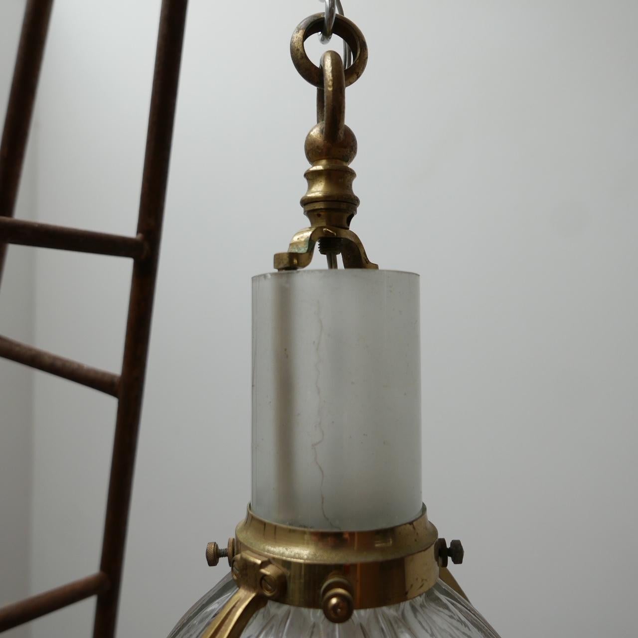 Antique French Brass and Glass Holophane Pendant Light 1