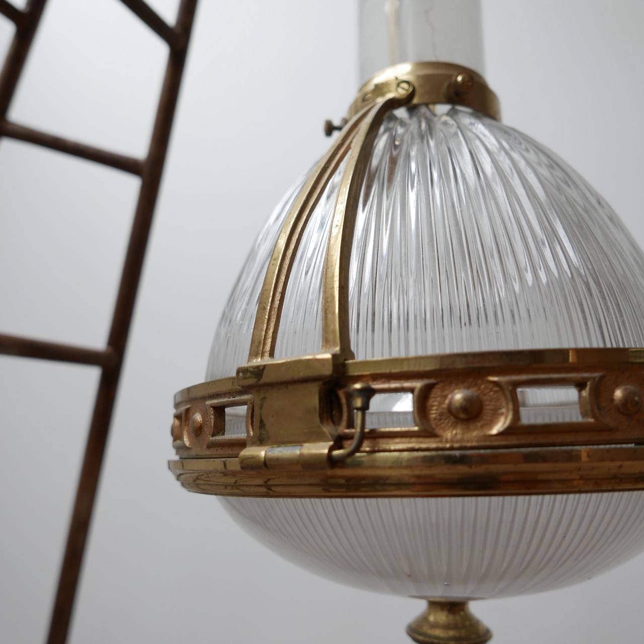 Antique French Brass and Glass Holophane Pendant Light 2