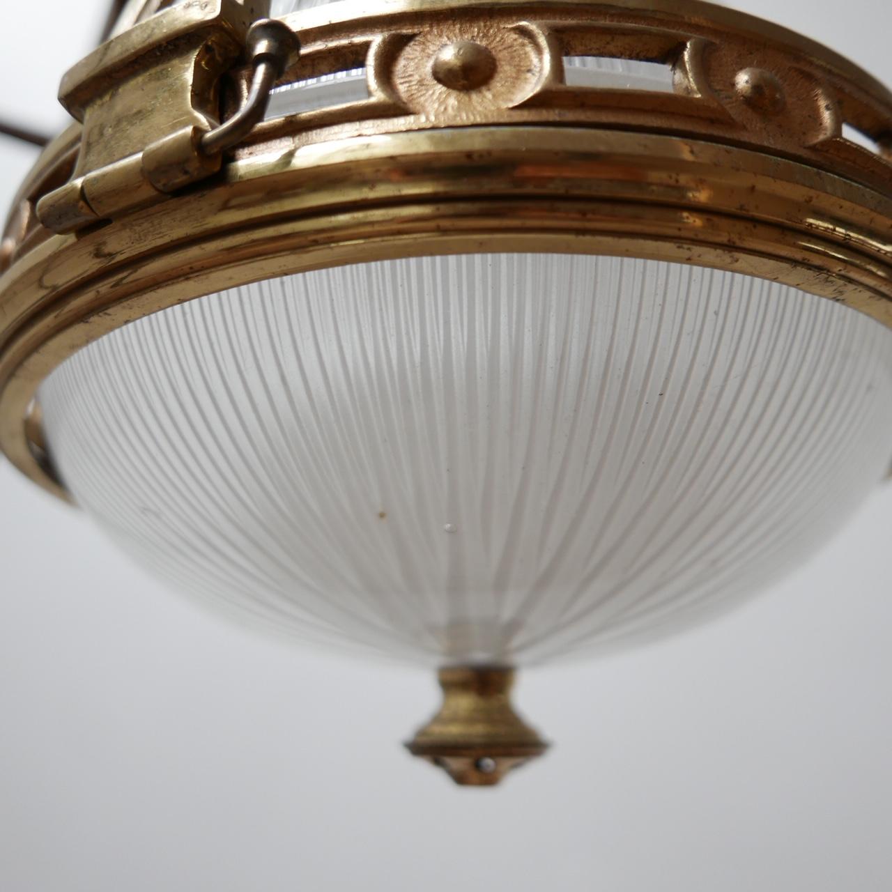 Antique French Brass and Glass Holophane Pendant Light 3