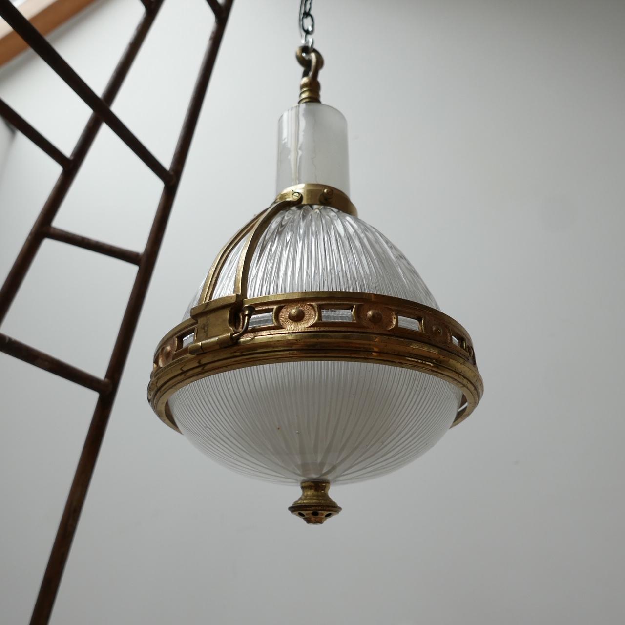 Antique French Brass and Glass Holophane Pendant Light 4