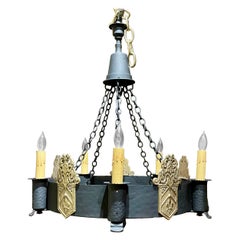Antique French Brass and Iron Chandelier with Fleur-De-Lis, Circa 1900's.