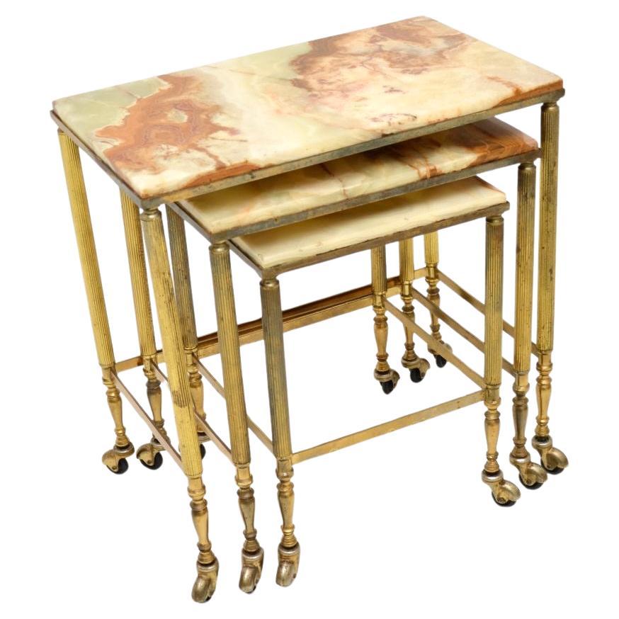 Antique French Brass and Onyx Nest of Tables For Sale