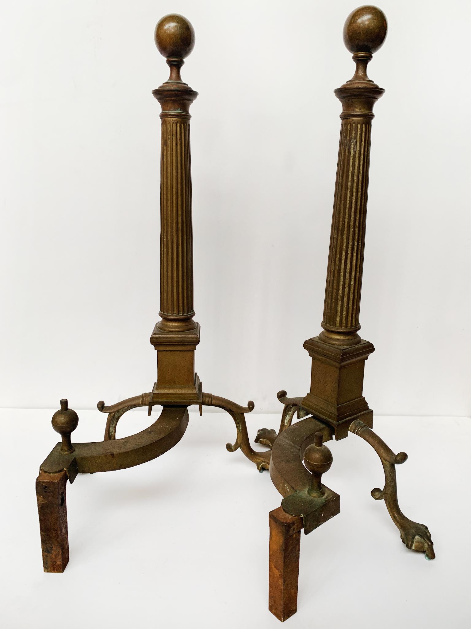 Neoclassical Antique French Brass Andirons - A Pair For Sale