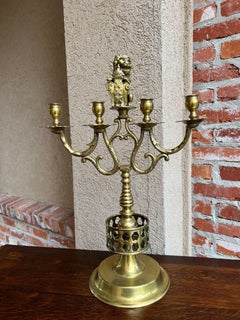 Antique French Brass Candelabra Baroque Revival Lion Sculptural Large c1890