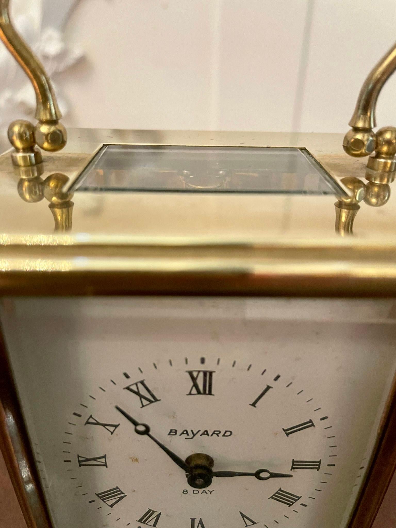 Antique French brass carriage clock having a brass case with bevelled glass panels and door, shaped carrying handle to the top, enamel dial with original hands and Roman numerals with eight day movement.
 
Perfect working order.

Measures: H