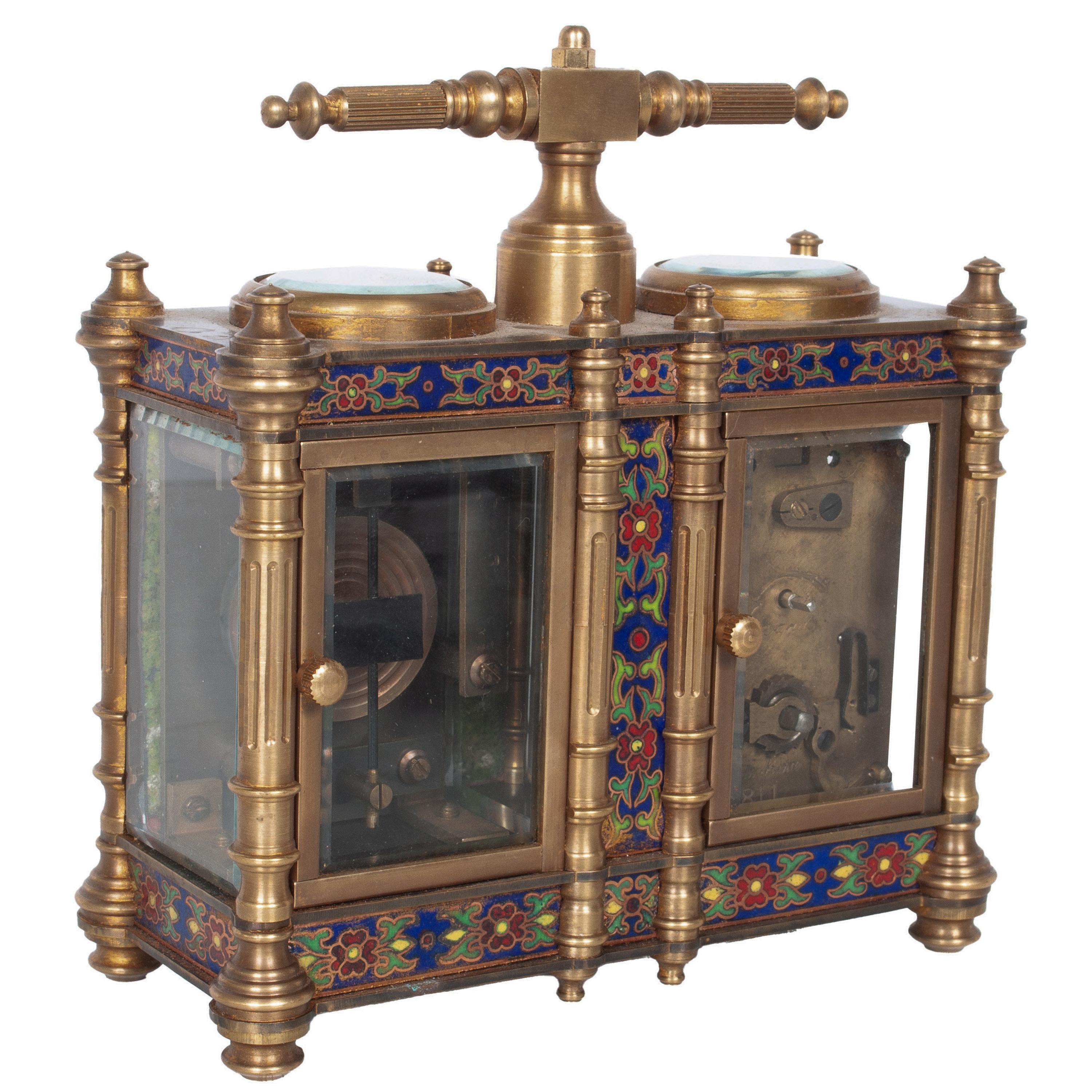 Antique French Brass & Champleve Combination Desk Carriage Clock Barometer 1900 For Sale 4