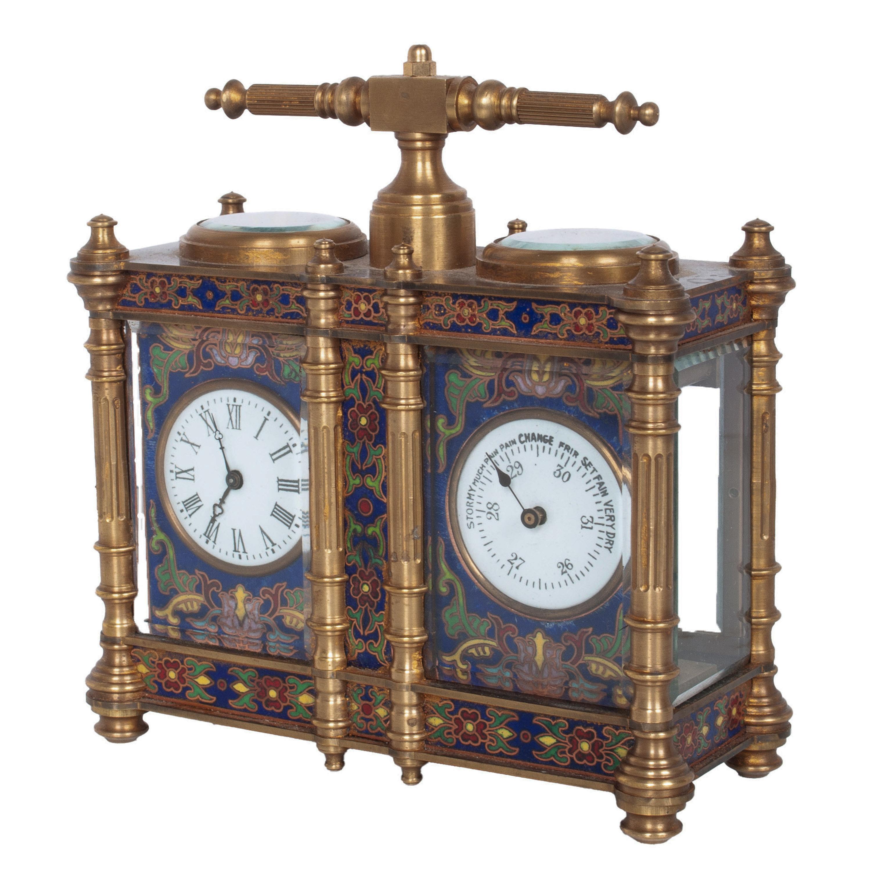 Antique French Brass & Champleve Combination Desk Carriage Clock Barometer 1900 For Sale 8