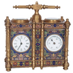 Antique French Brass & Champleve Combination Desk Carriage Clock Barometer 1900