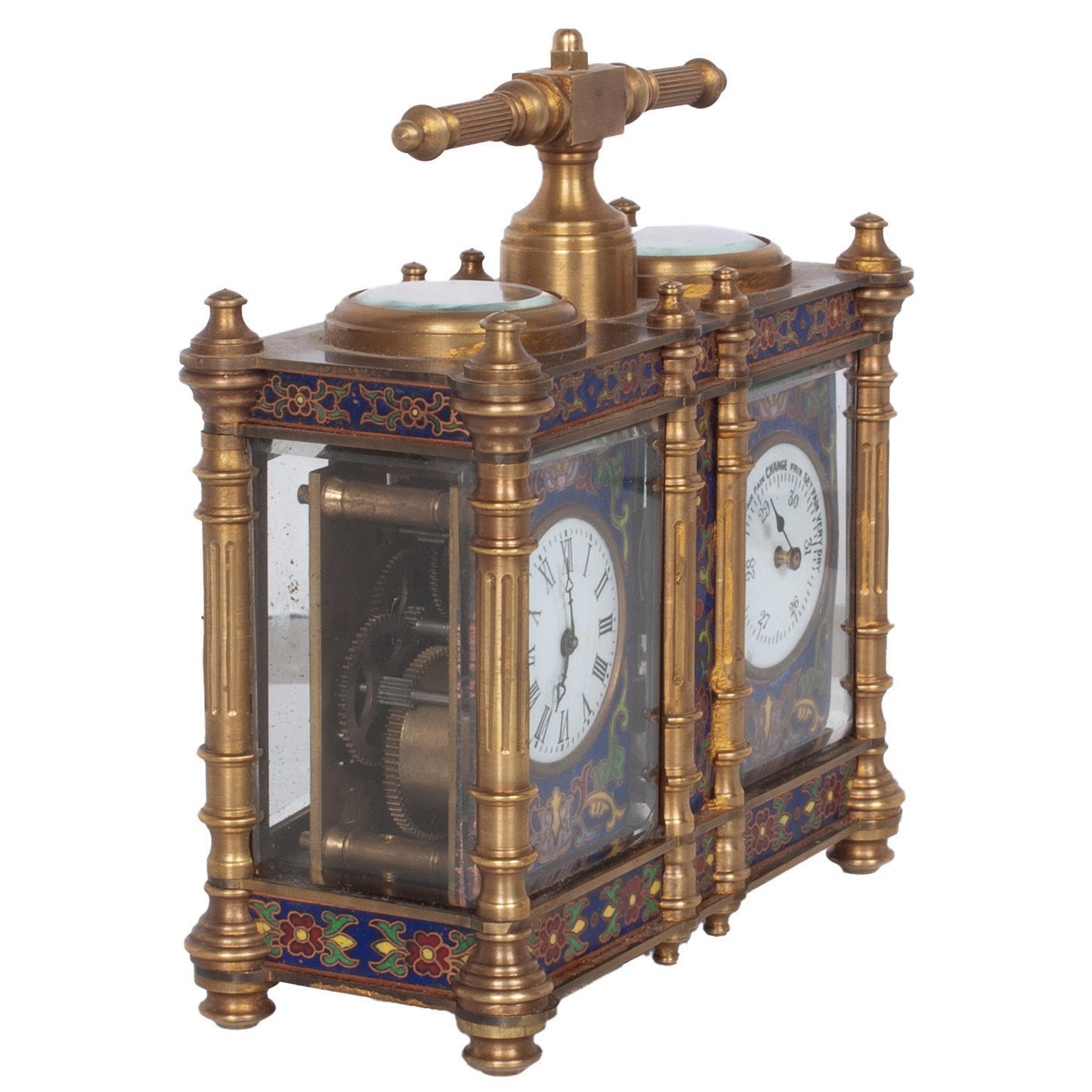 Champlevé Antique French Brass & Champleve Combination Desk Carriage Clock Barometer 1900 For Sale