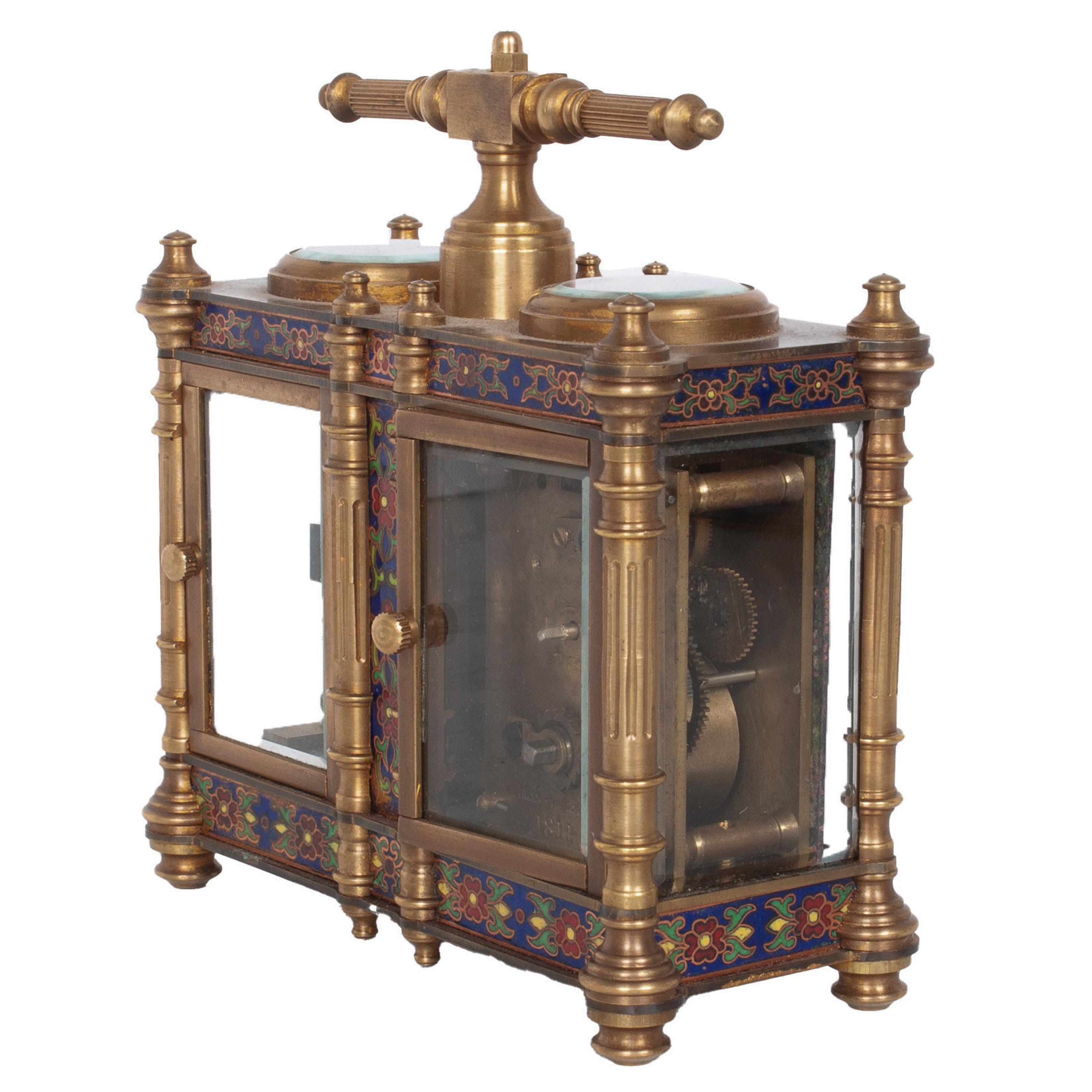 Antique French Brass & Champleve Combination Desk Carriage Clock Barometer 1900 In Good Condition For Sale In Portland, OR