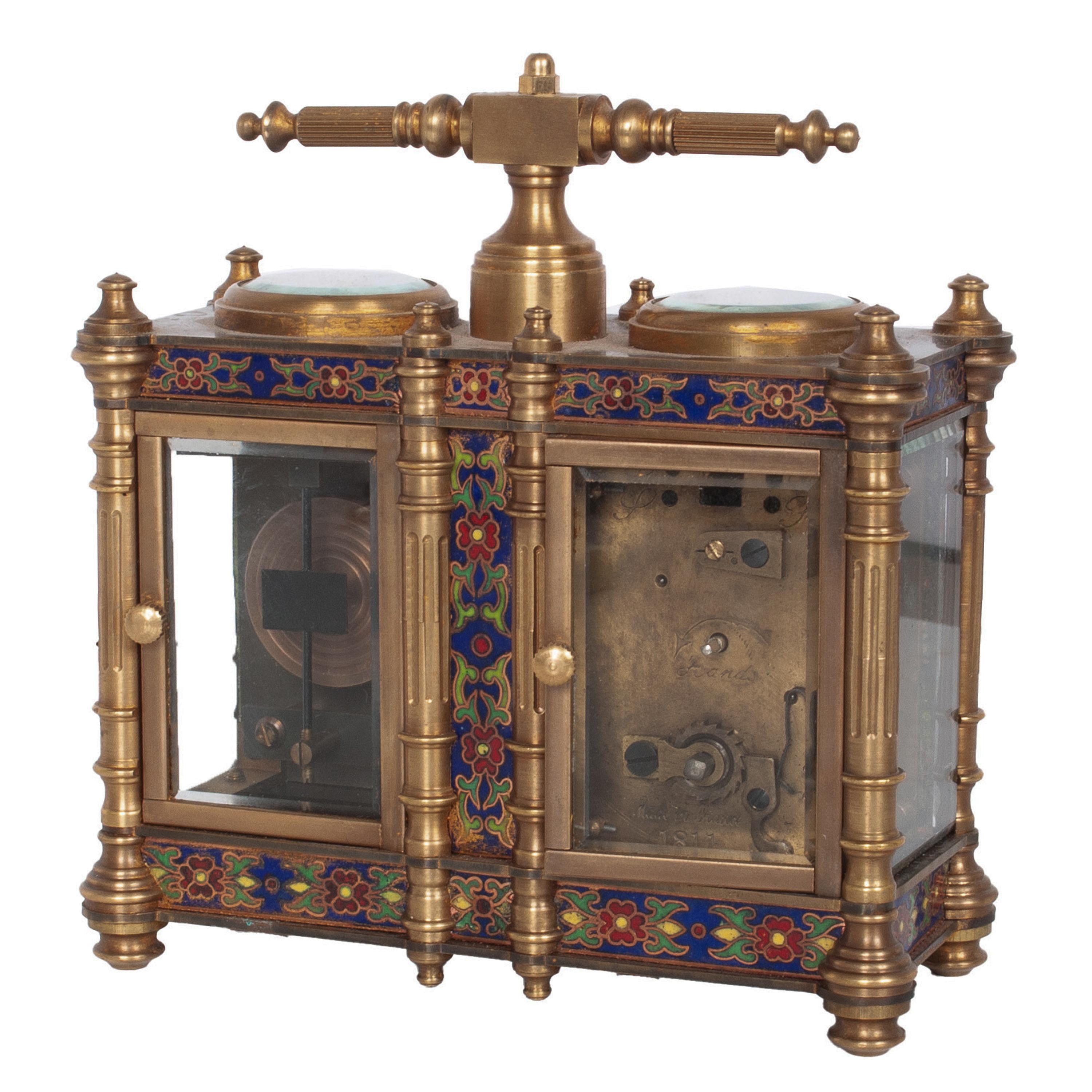 Early 20th Century Antique French Brass & Champleve Combination Desk Carriage Clock Barometer 1900 For Sale
