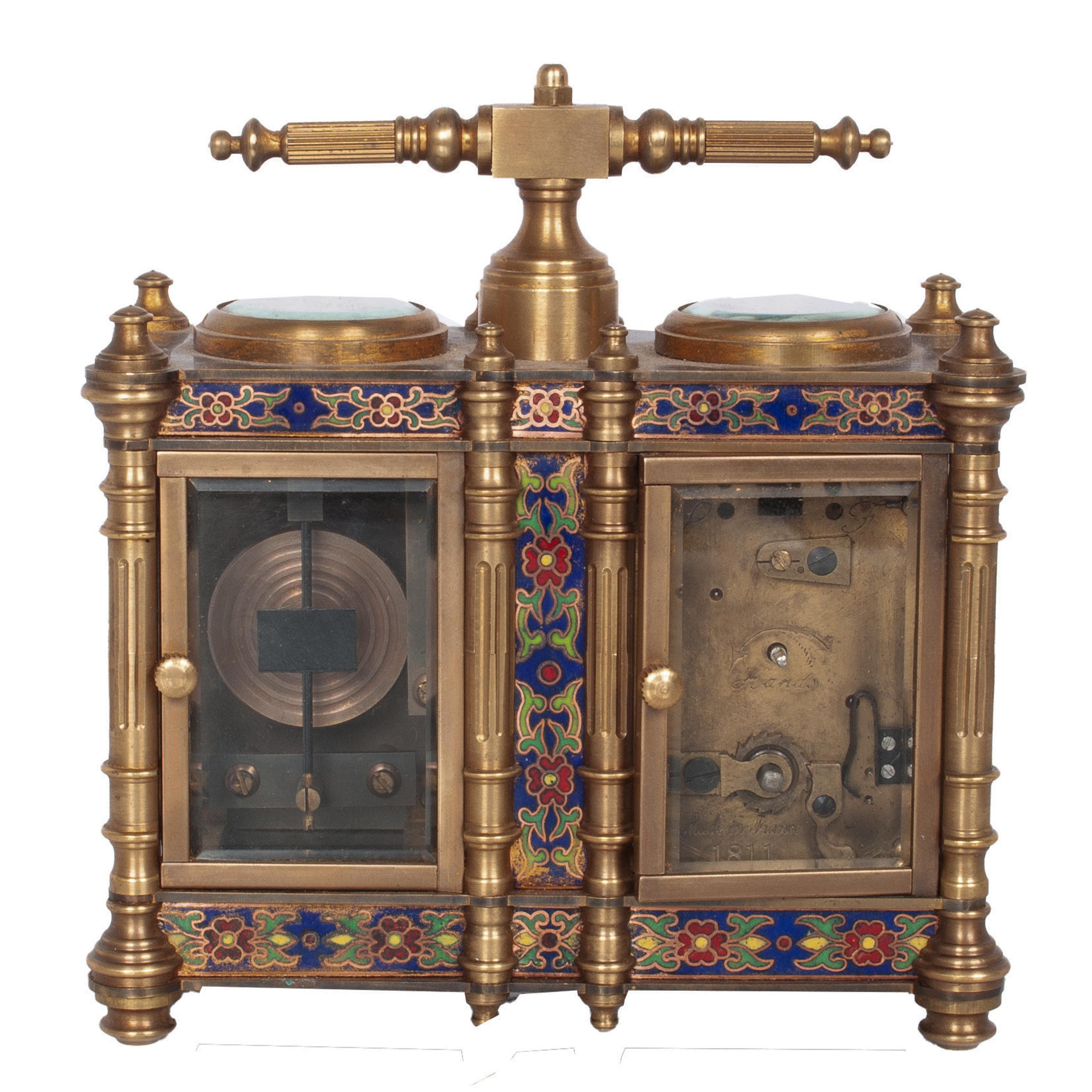 Antique French Brass & Champleve Combination Desk Carriage Clock Barometer 1900 For Sale 1
