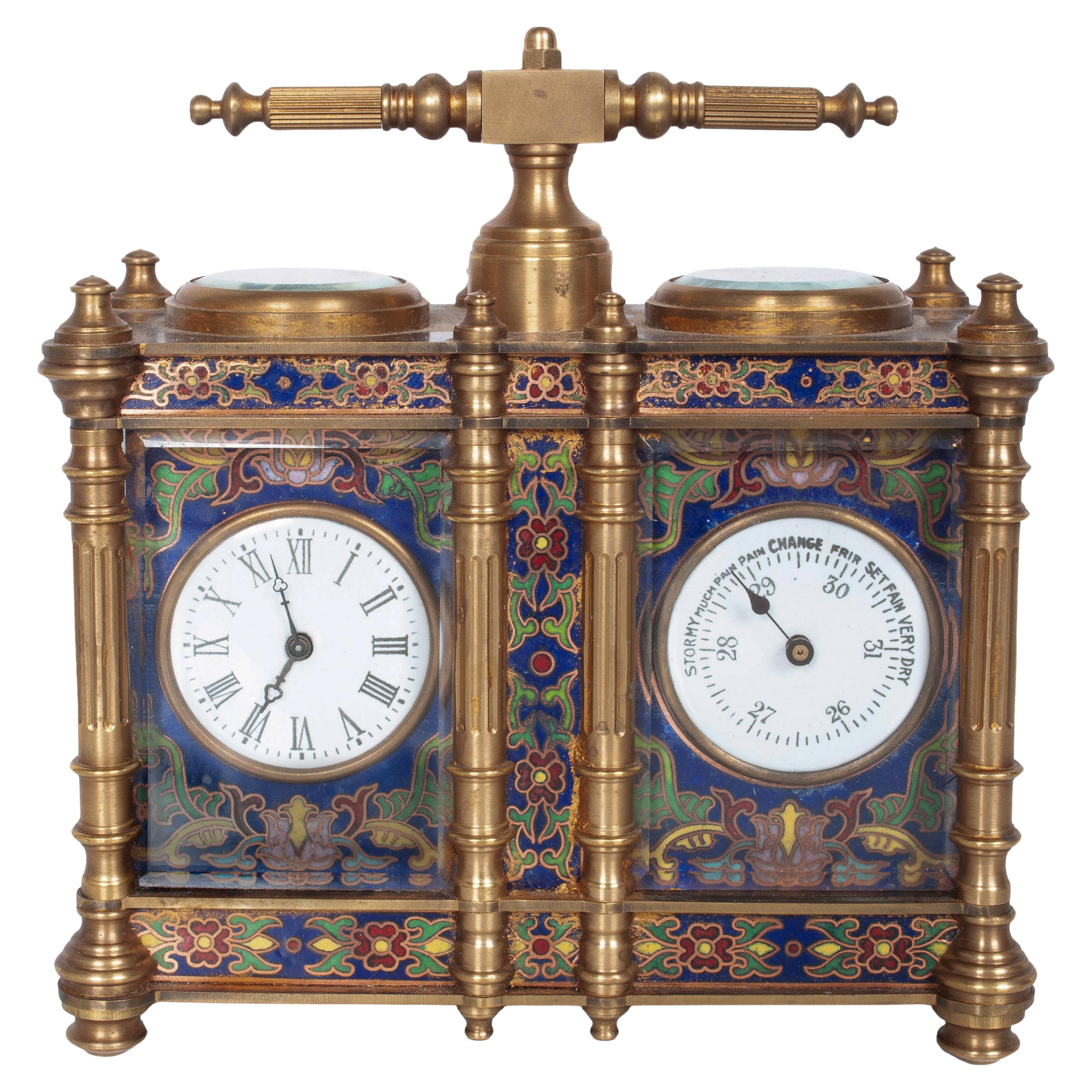 Antique French Brass & Champleve Combination Desk Carriage Clock Barometer 1900 For Sale