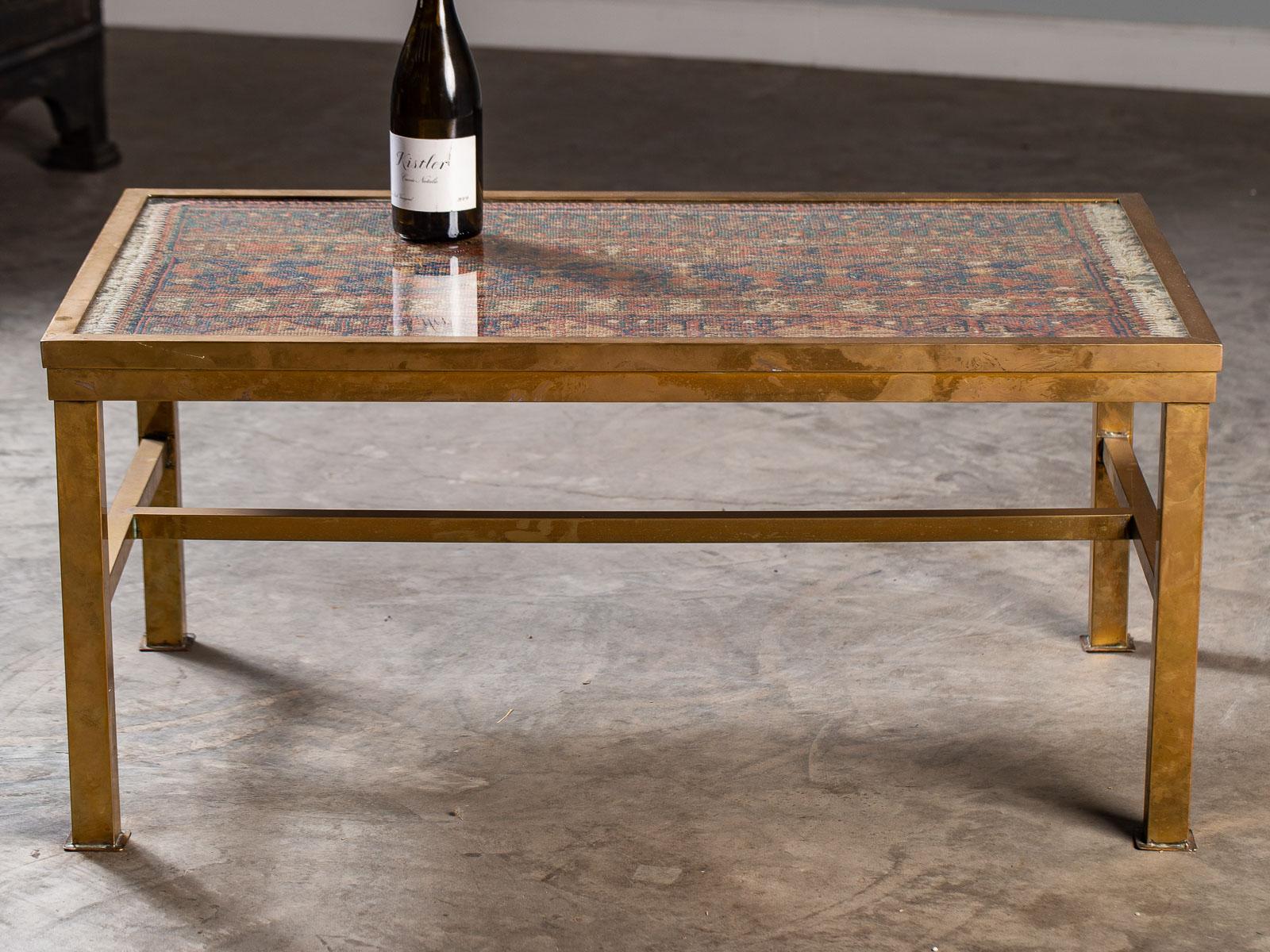 Antique French Brass Coffee Table Enclosing a Rug Under Glass, circa 1900 For Sale at 1stDibs