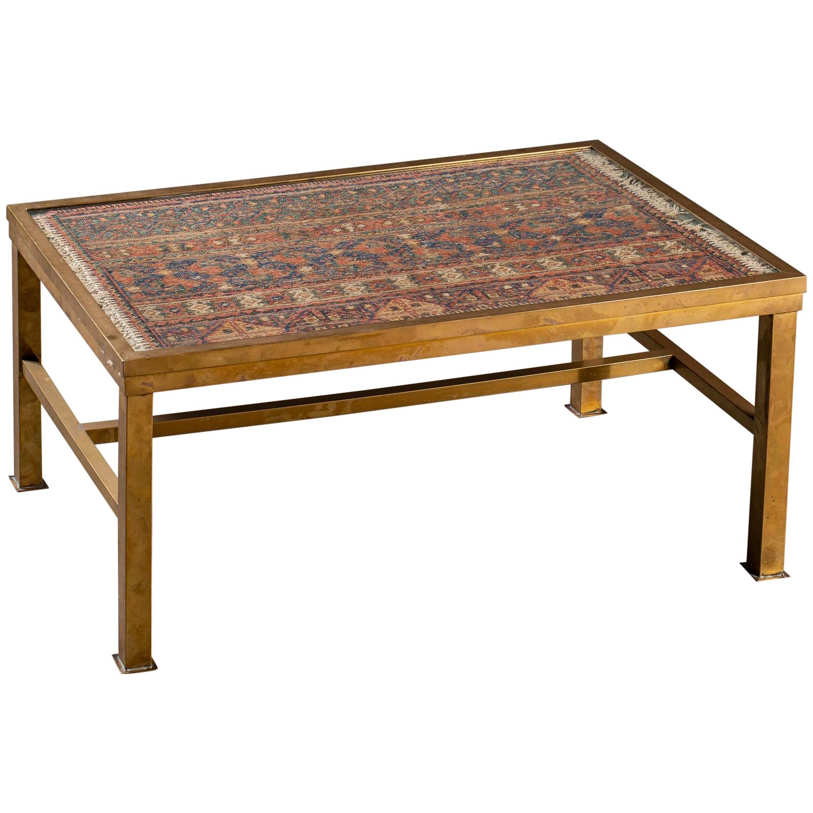 Antique French Brass Coffee Table Enclosing a Rug Under Glass, circa 1900 For Sale at 1stDibs
