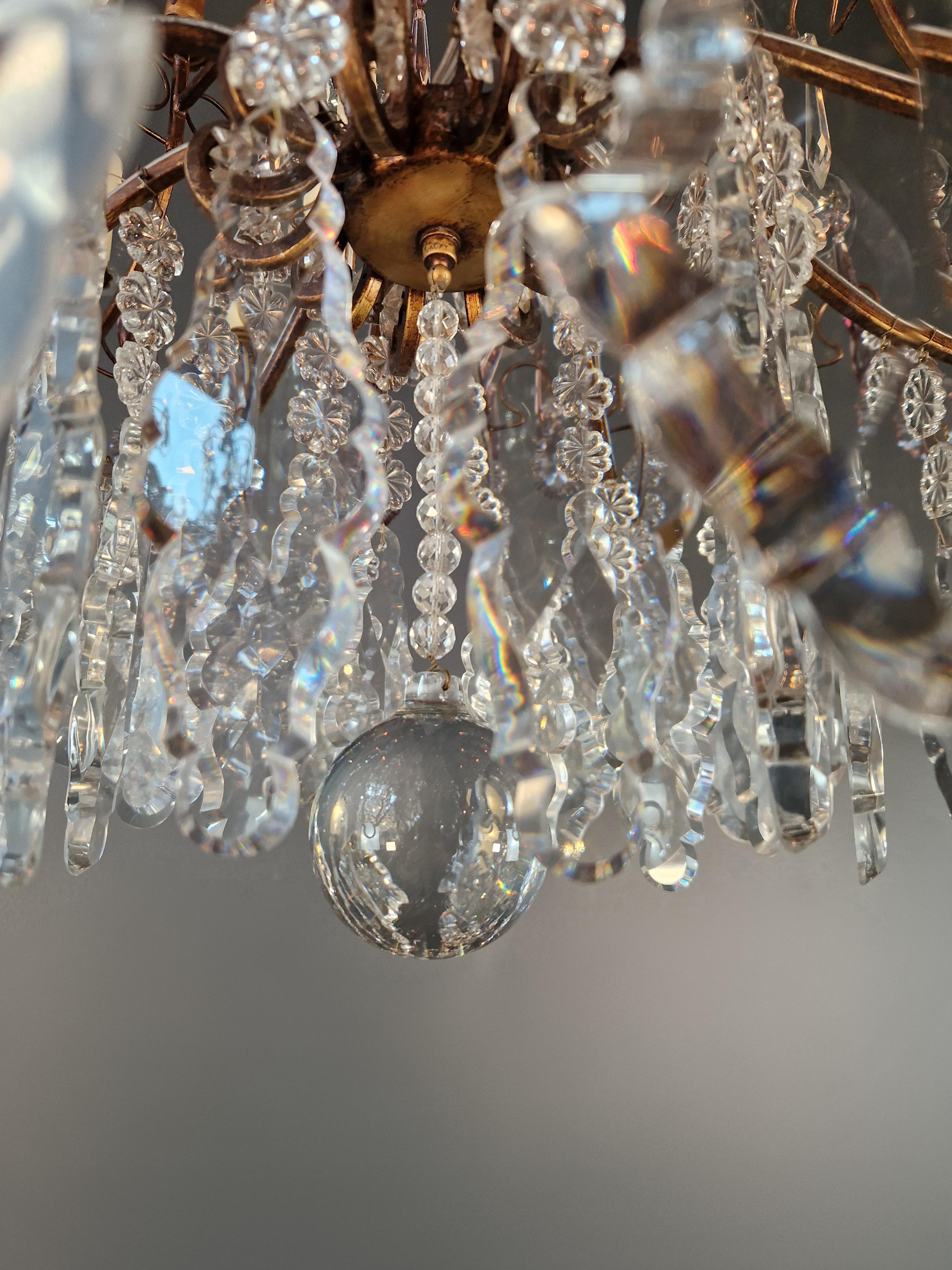 Antique French Brass Crystal Chandelier Art Nouveau Light Pink Neoclassicism For Sale 5