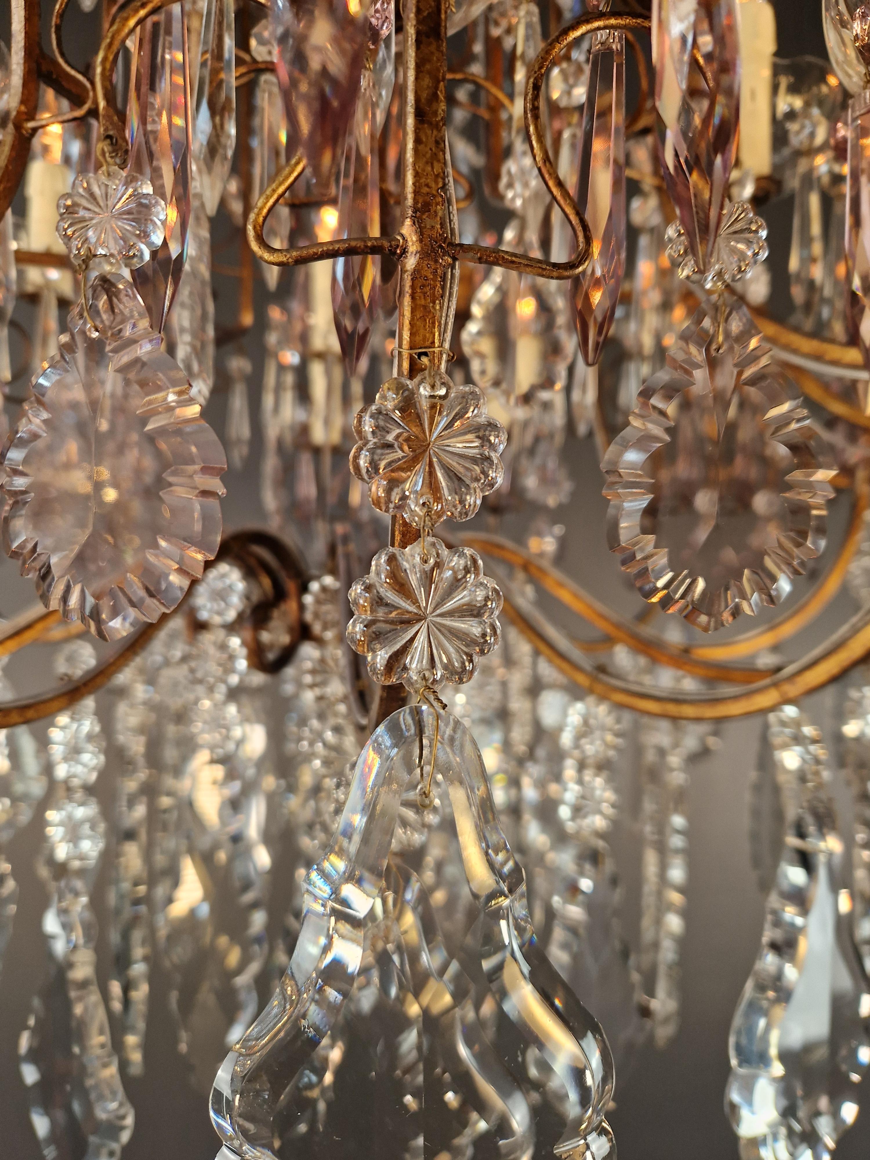 Antique French Brass Crystal Chandelier Art Nouveau Light Pink Neoclassicism For Sale 6